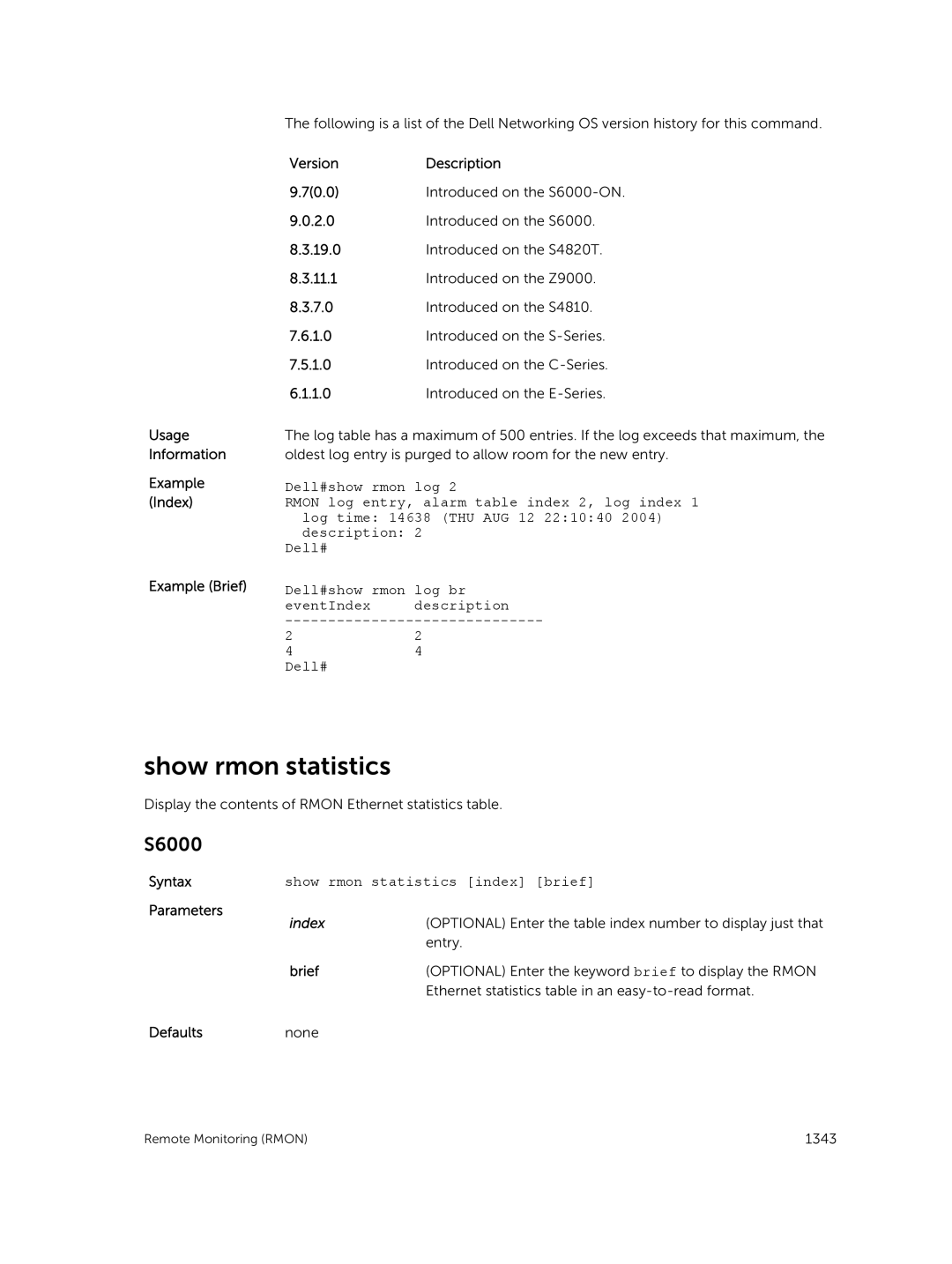 Dell 9.7(0.0) manual Usage Information Example Index Example Brief, Show rmon statistics index brief 