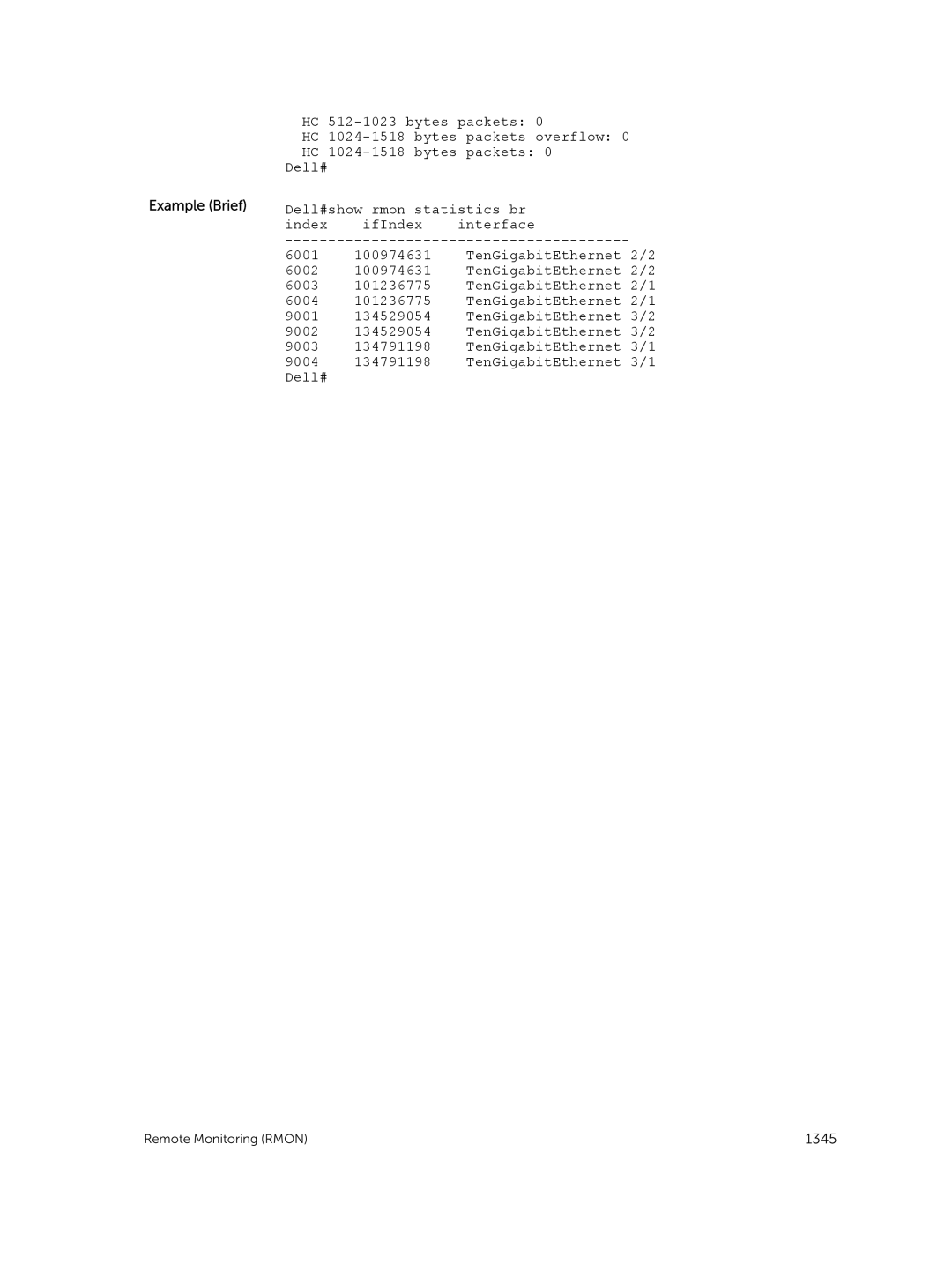 Dell 9.7(0.0) manual Bytes packets overflow, Dell#show rmon statistics br 