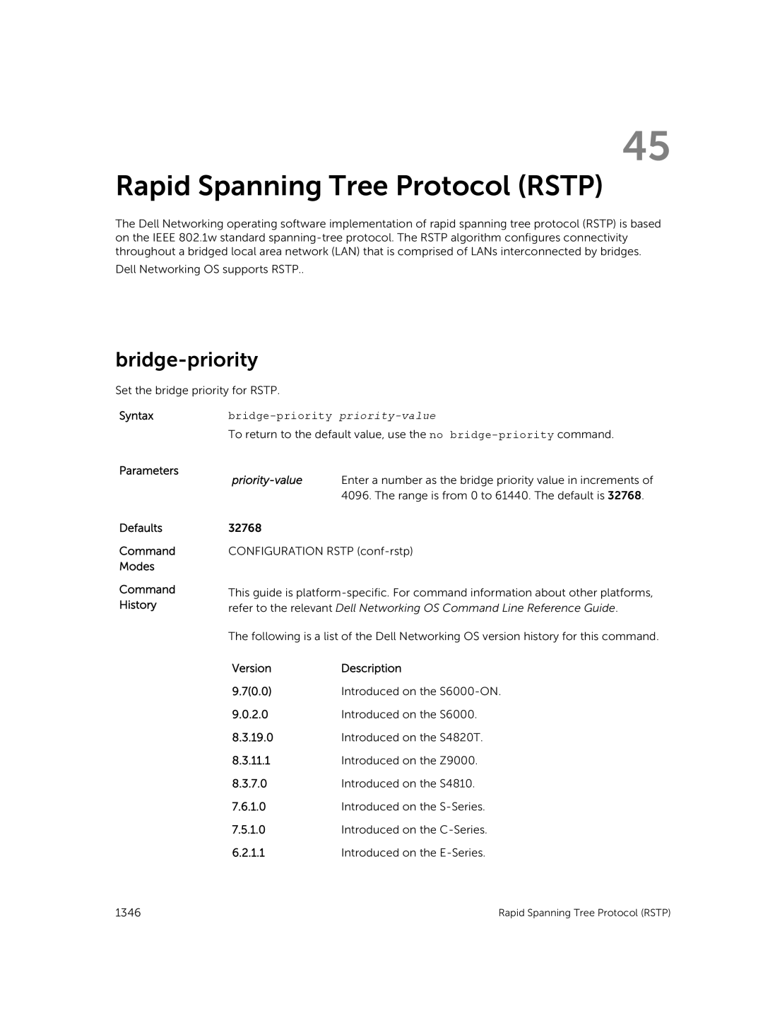 Dell 9.7(0.0) manual Rapid Spanning Tree Protocol Rstp, Bridge-priority priority-value, Priority-value 