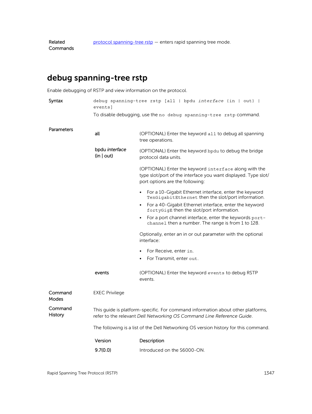 Dell 9.7(0.0) manual Debug spanning-tree rstp, Parameters Command Modes All, Bpdu interface in out 