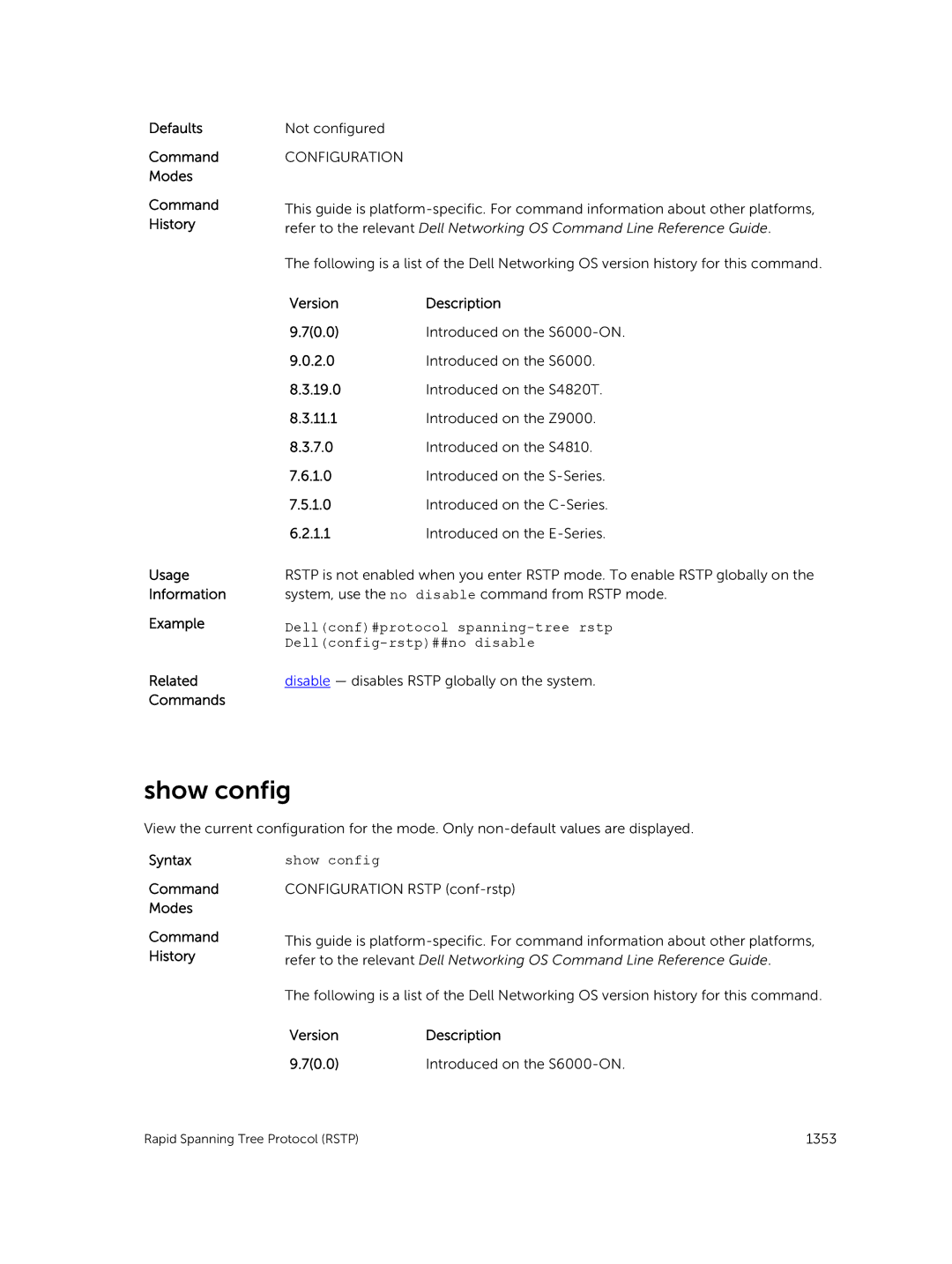 Dell 9.7(0.0) manual Disable disables Rstp globally on the system 