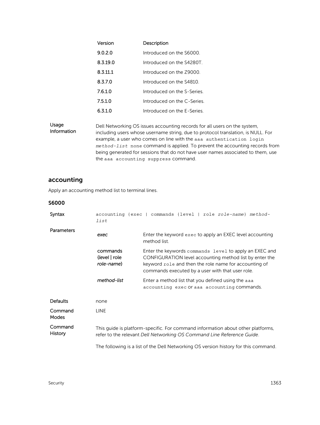 Dell 9.7(0.0) manual Accounting exec commands level role role-name method, Exec, Method-list 