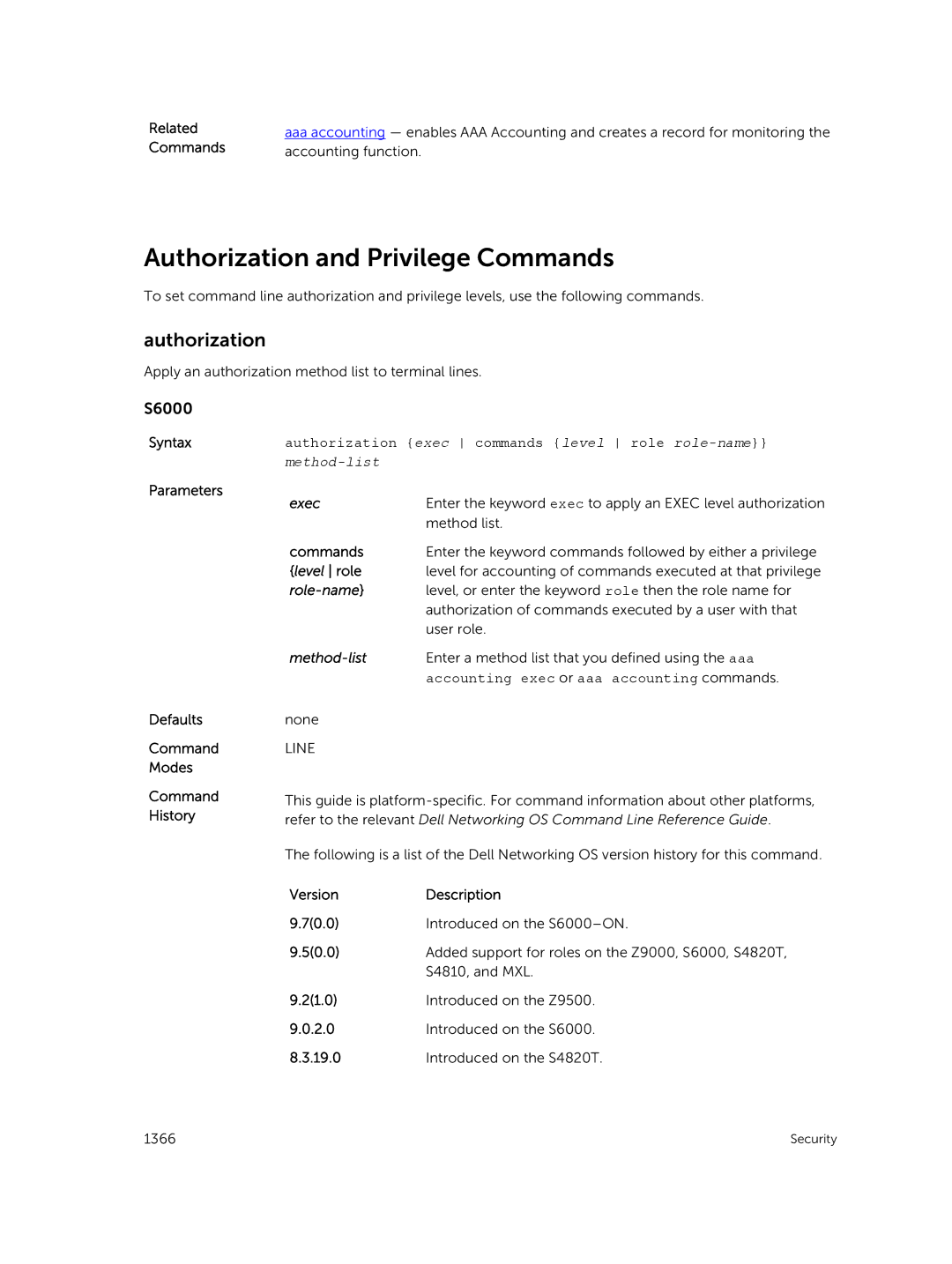 Dell 9.7(0.0) manual Authorization and Privilege Commands, Authorization exec commands level role role-name 