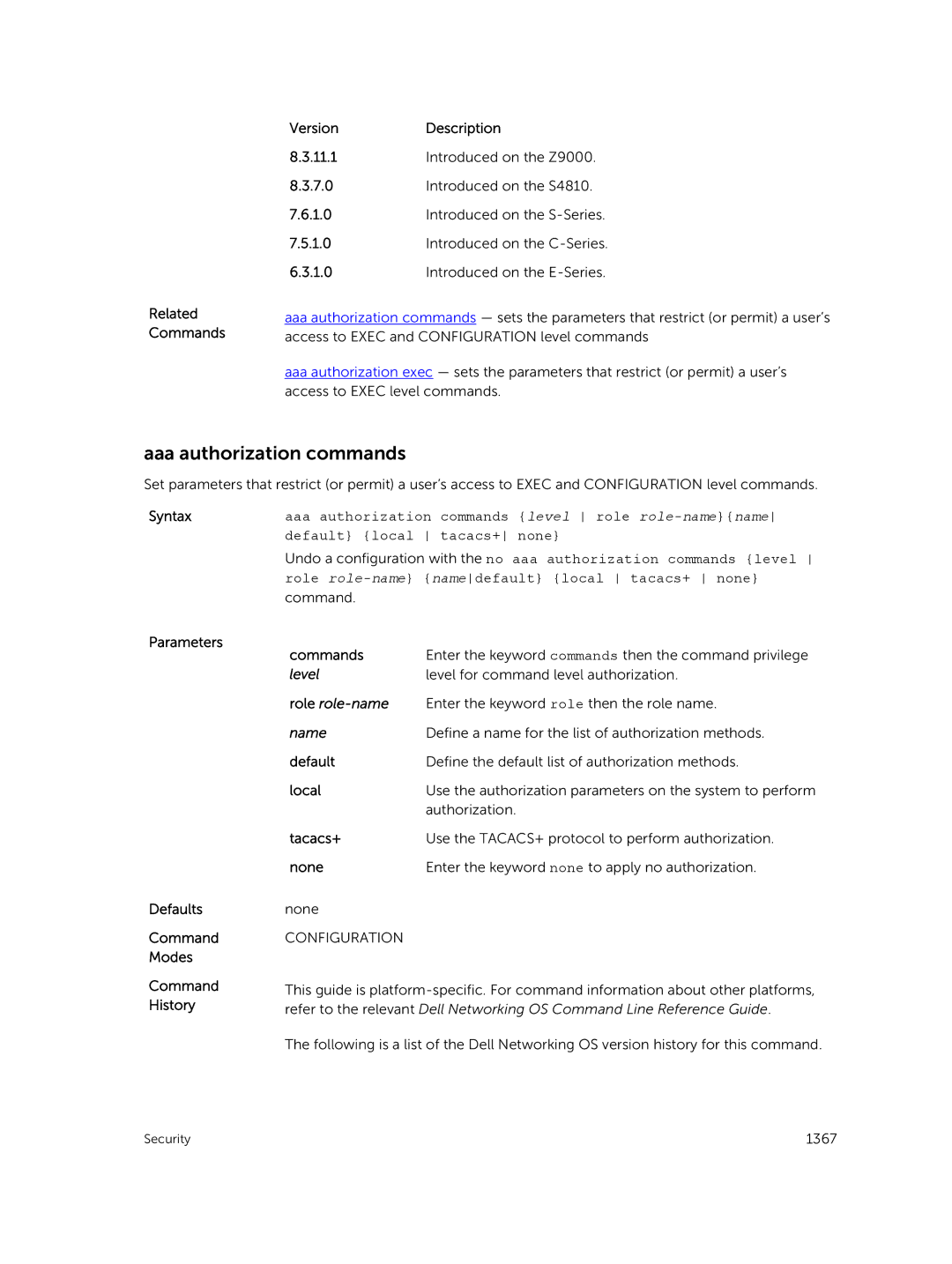 Dell 9.7(0.0) manual Aaa authorization commands, Parameters Defaults Command Modes Command History Commands, Role role-name 