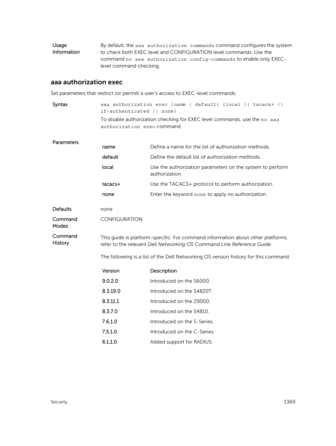 Dell 9.7(0.0) manual Aaa authorization exec, Usage 