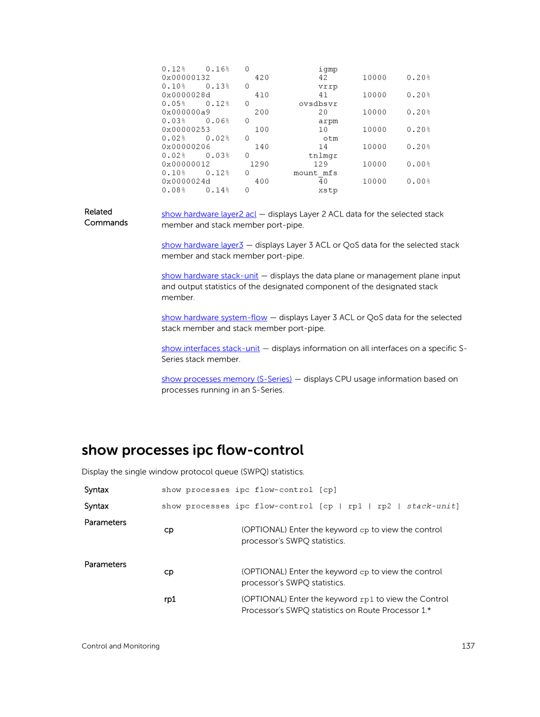 Dell 9.7(0.0) manual Show processes ipc flow-control cp rp1 rp2 stack-unit, Rp1 