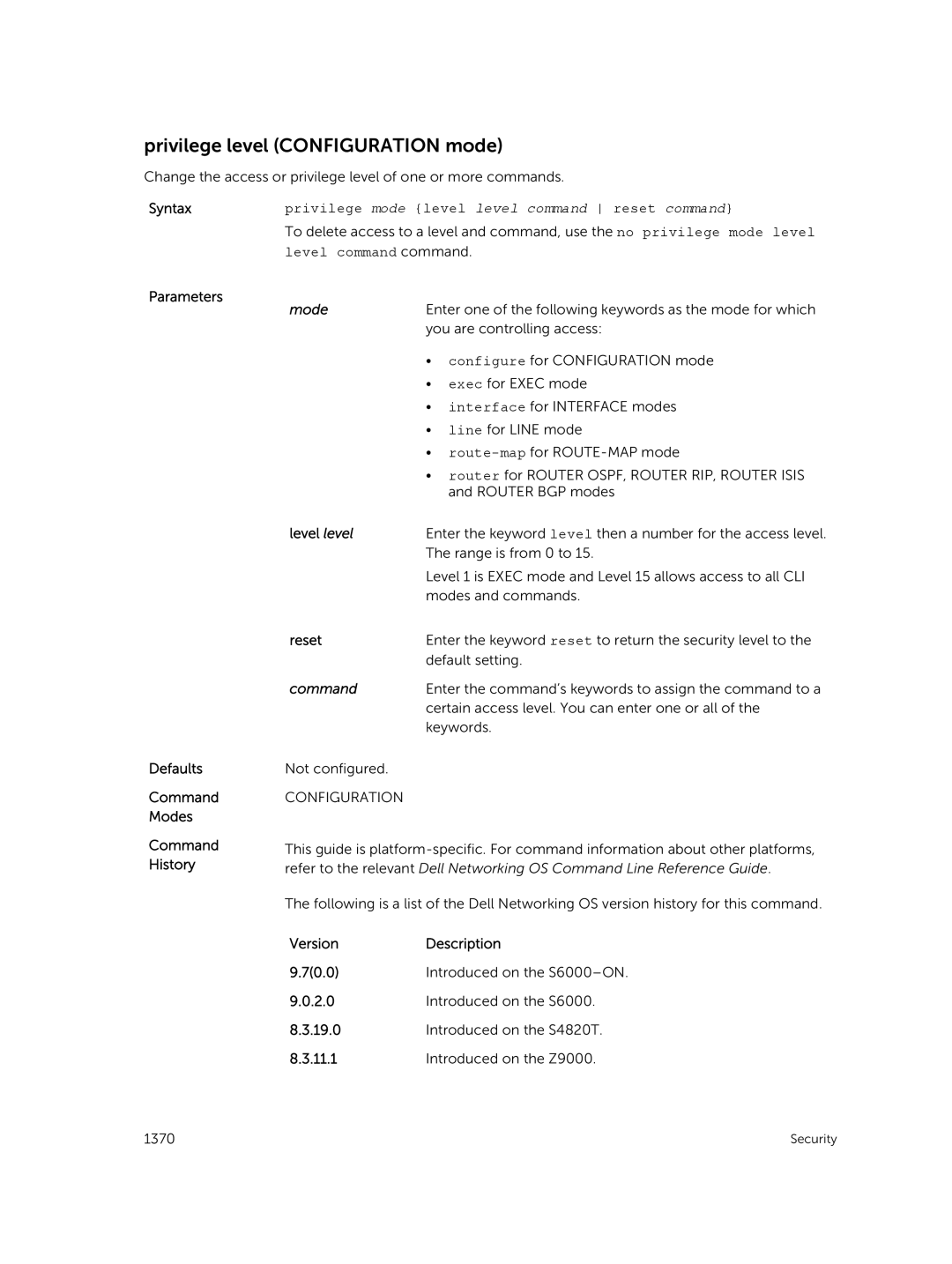 Dell 9.7(0.0) Privilege level Configuration mode, Syntaxprivilege mode level level command reset command, Mode, Reset 