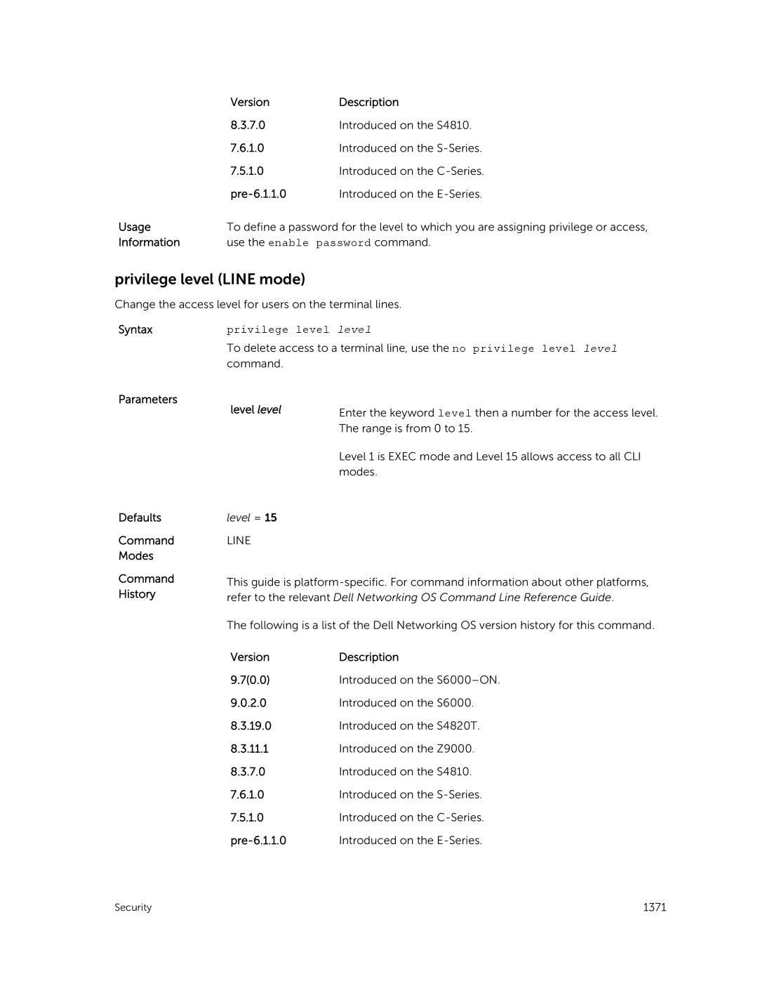 Dell 9.7(0.0) manual Privilege level Line mode, Privilege level level 