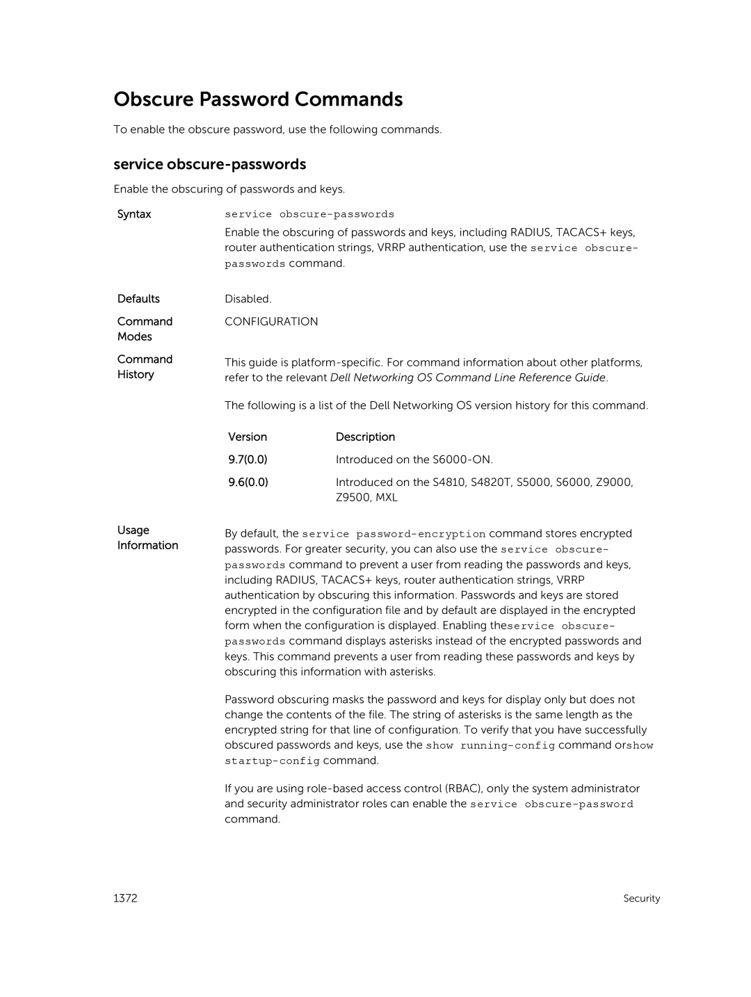 Dell 9.7(0.0) manual Obscure Password Commands, Service obscure-passwords, Passwords command 