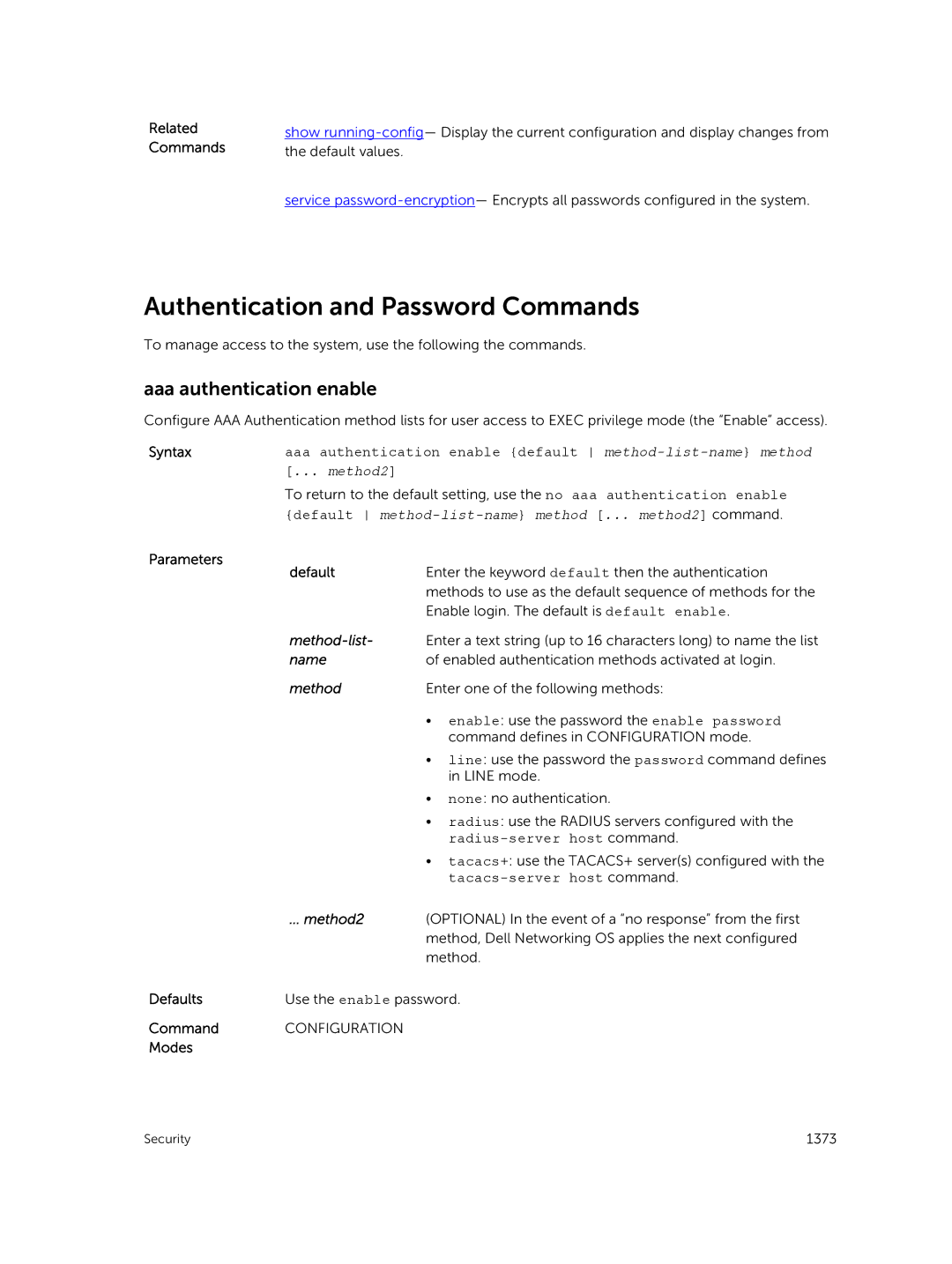 Dell 9.7(0.0) manual Authentication and Password Commands, Aaa authentication enable, Parameters Default, Method2 