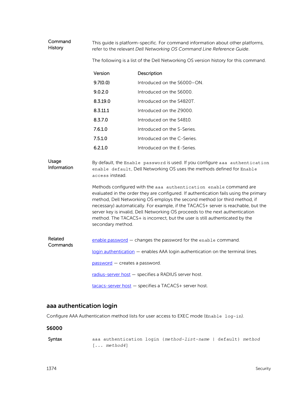 Dell 9.7(0.0) manual Aaa authentication login, Command History Usage Information Related Commands 