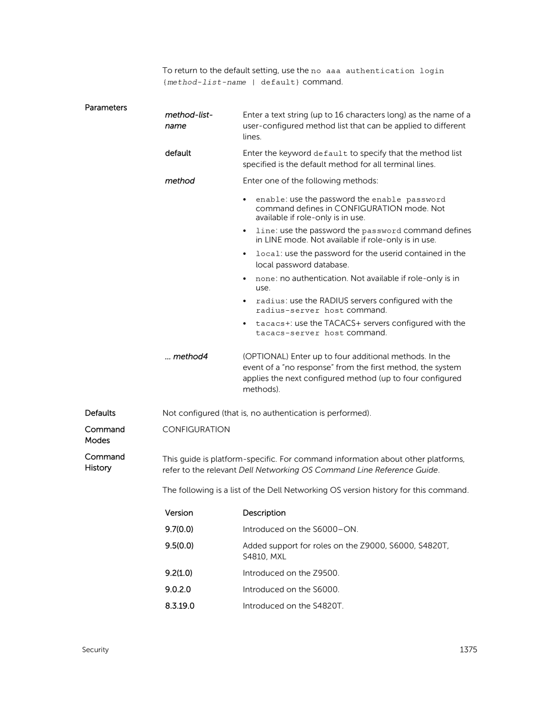 Dell 9.7(0.0) manual Parameters Defaults Command Modes Command History, Method4 