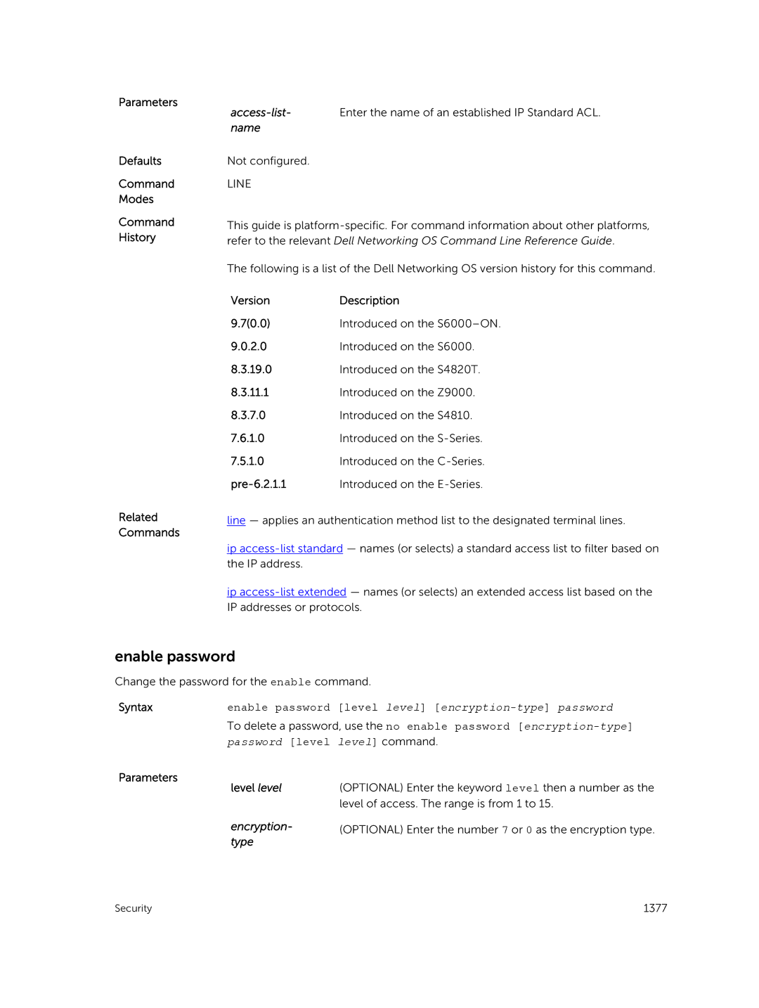 Dell 9.7(0.0) manual Enable password, Name Not configured, Syntaxenable password level level encryption-type password 