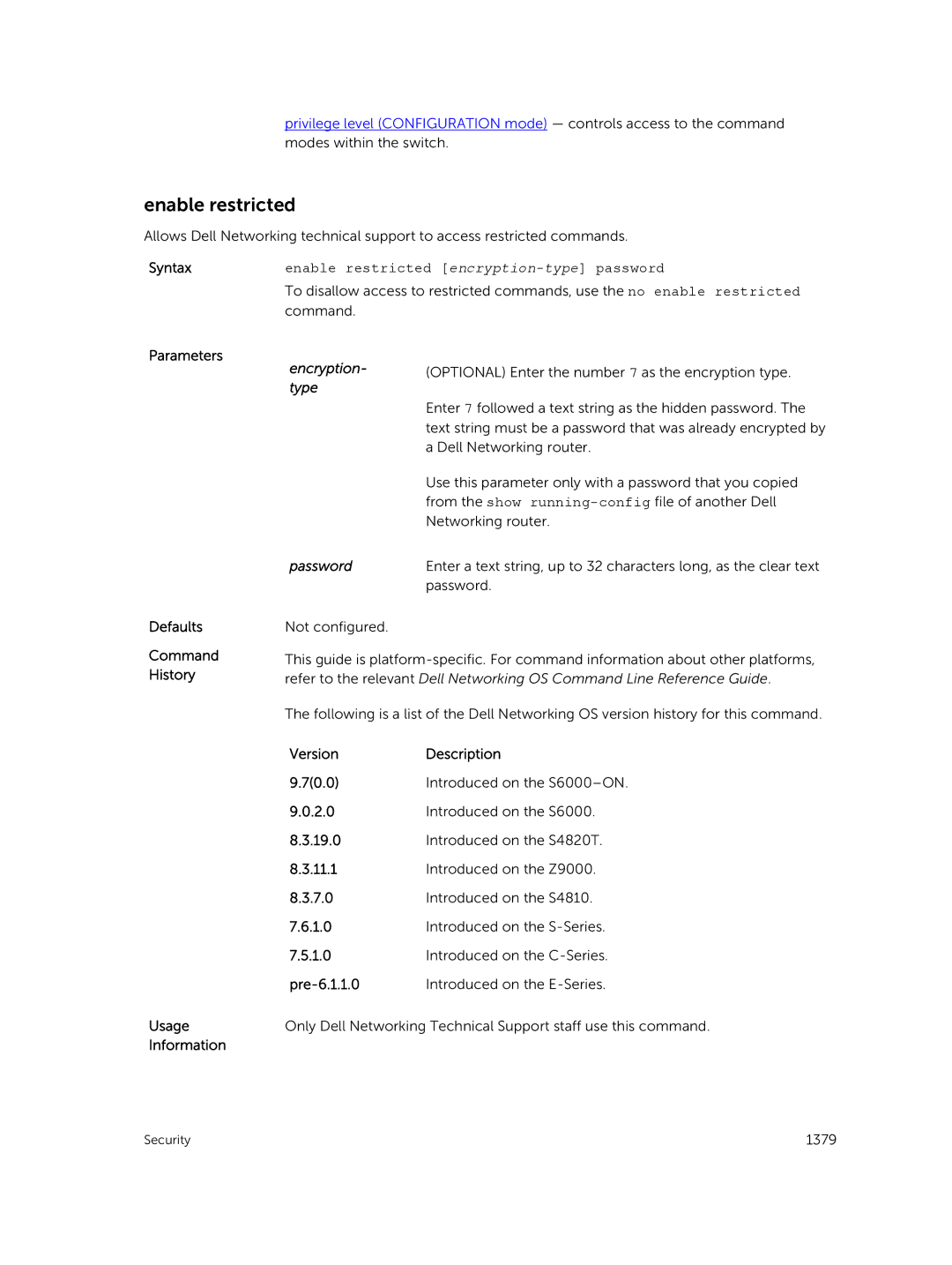 Dell 9.7(0.0) manual Enable restricted encryption-type password, Encryption- type Password 