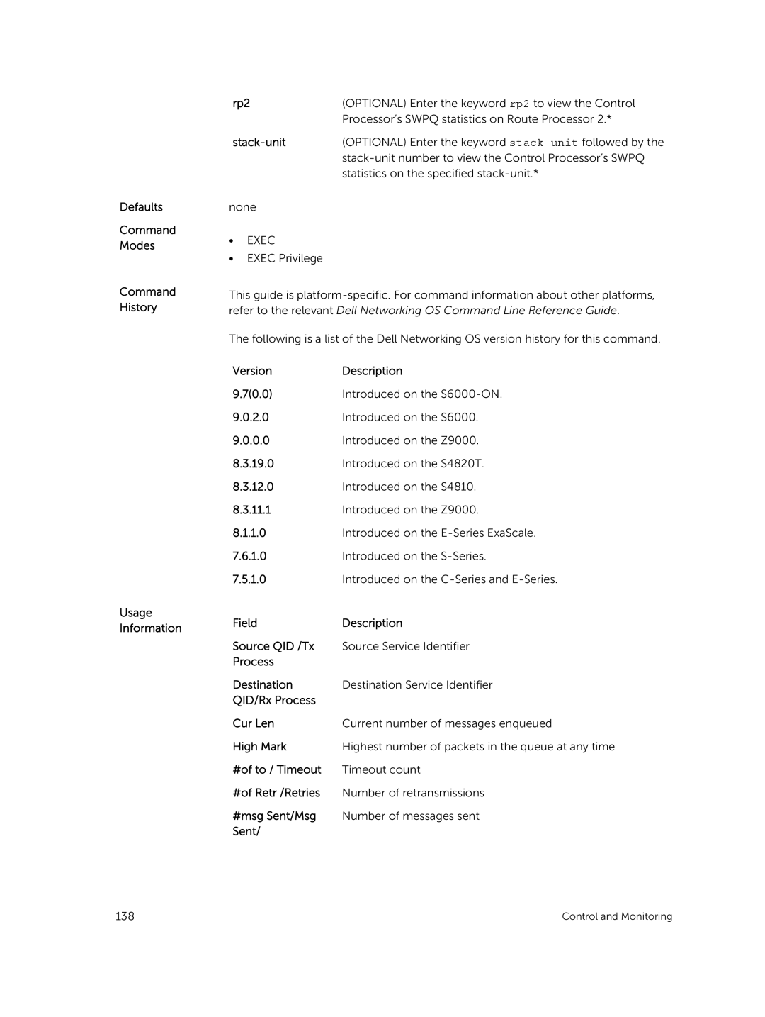 Dell 9.7(0.0) manual Defaults Command Modes Command History Usage Information Rp2 