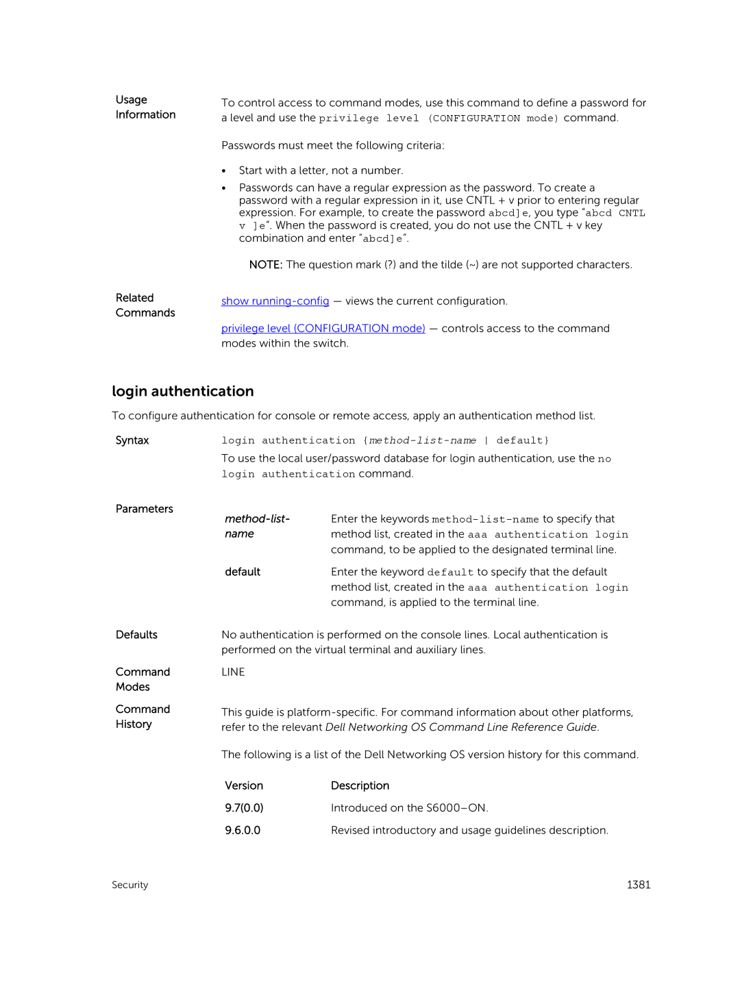 Dell 9.7(0.0) manual Syntaxlogin authentication method-list-name default, Login authentication command 