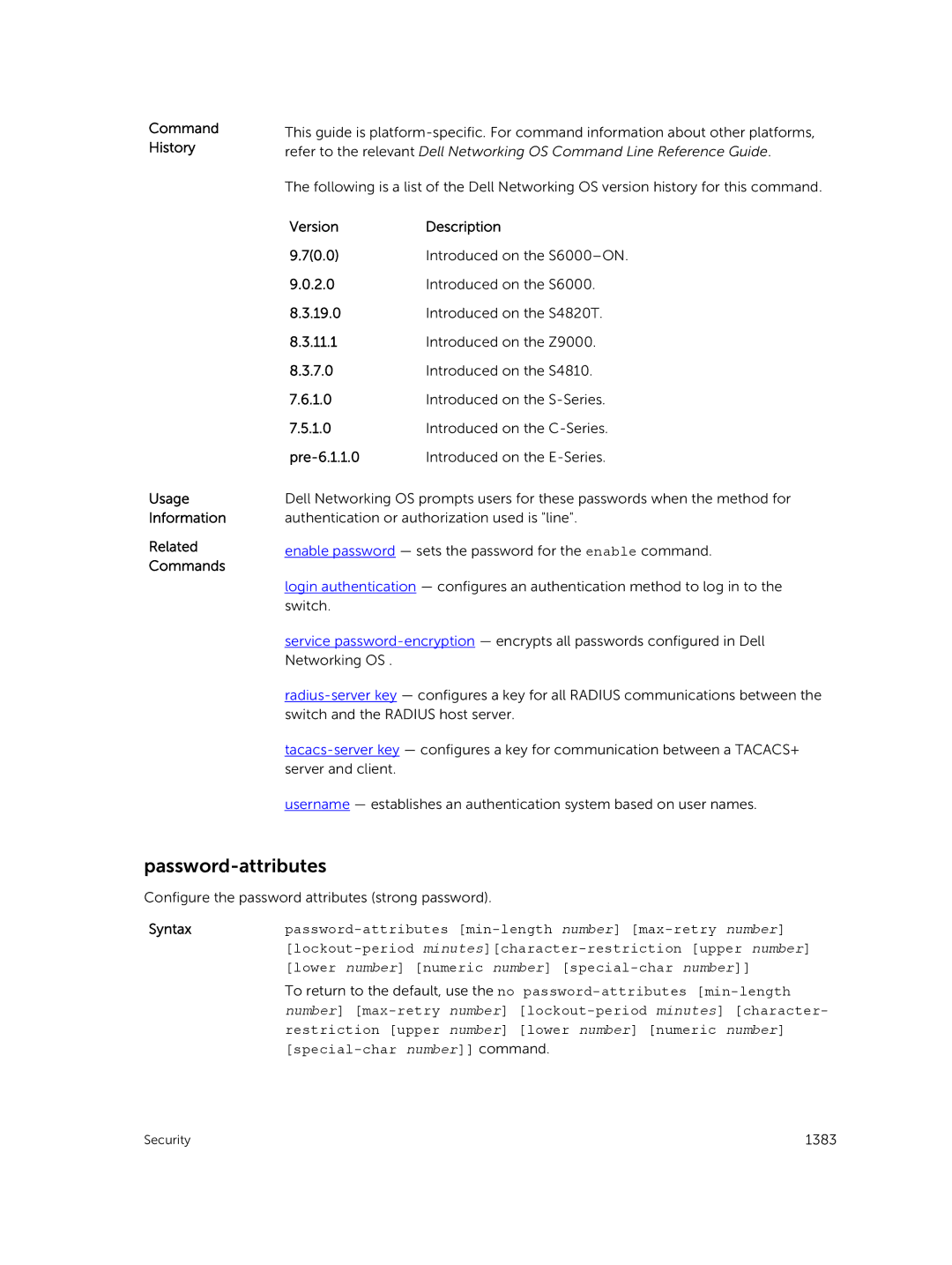 Dell 9.7(0.0) manual Password-attributes, Command History Usage Information Related Commands 