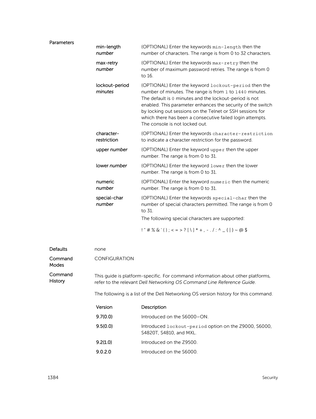 Dell 9.7(0.0) manual Max-retry, Lockout-period, Character, Restriction, Upper number, Lower number, Numeric, Special-char 