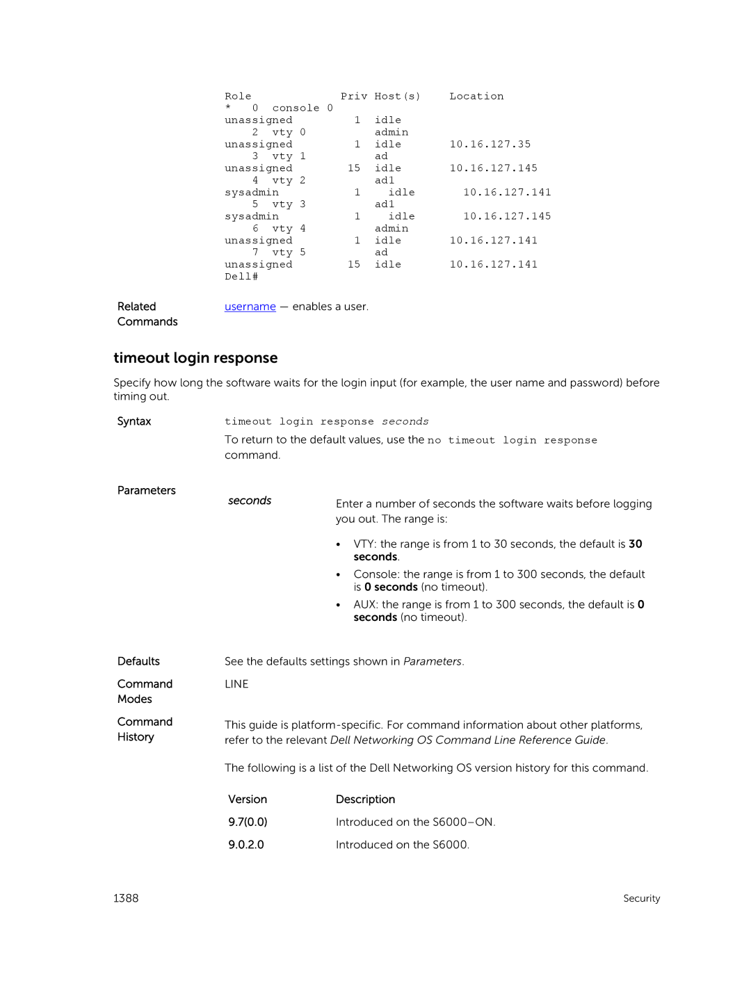 Dell 9.7(0.0) manual Timeout login response seconds 