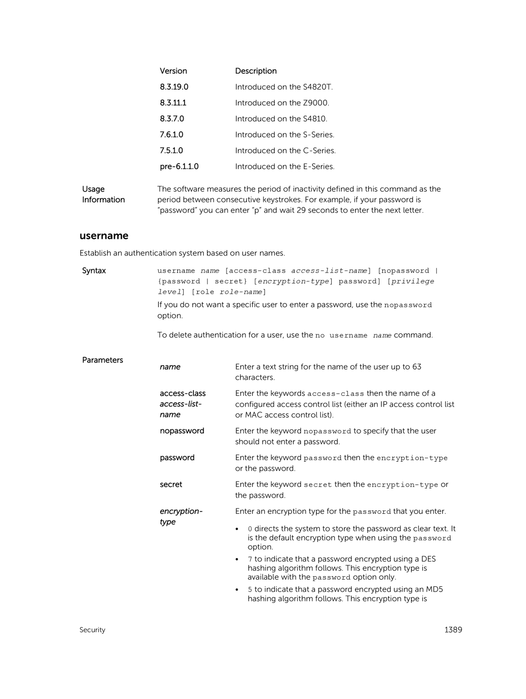 Dell 9.7(0.0) manual Username, Access-class, Nopassword, Secret 