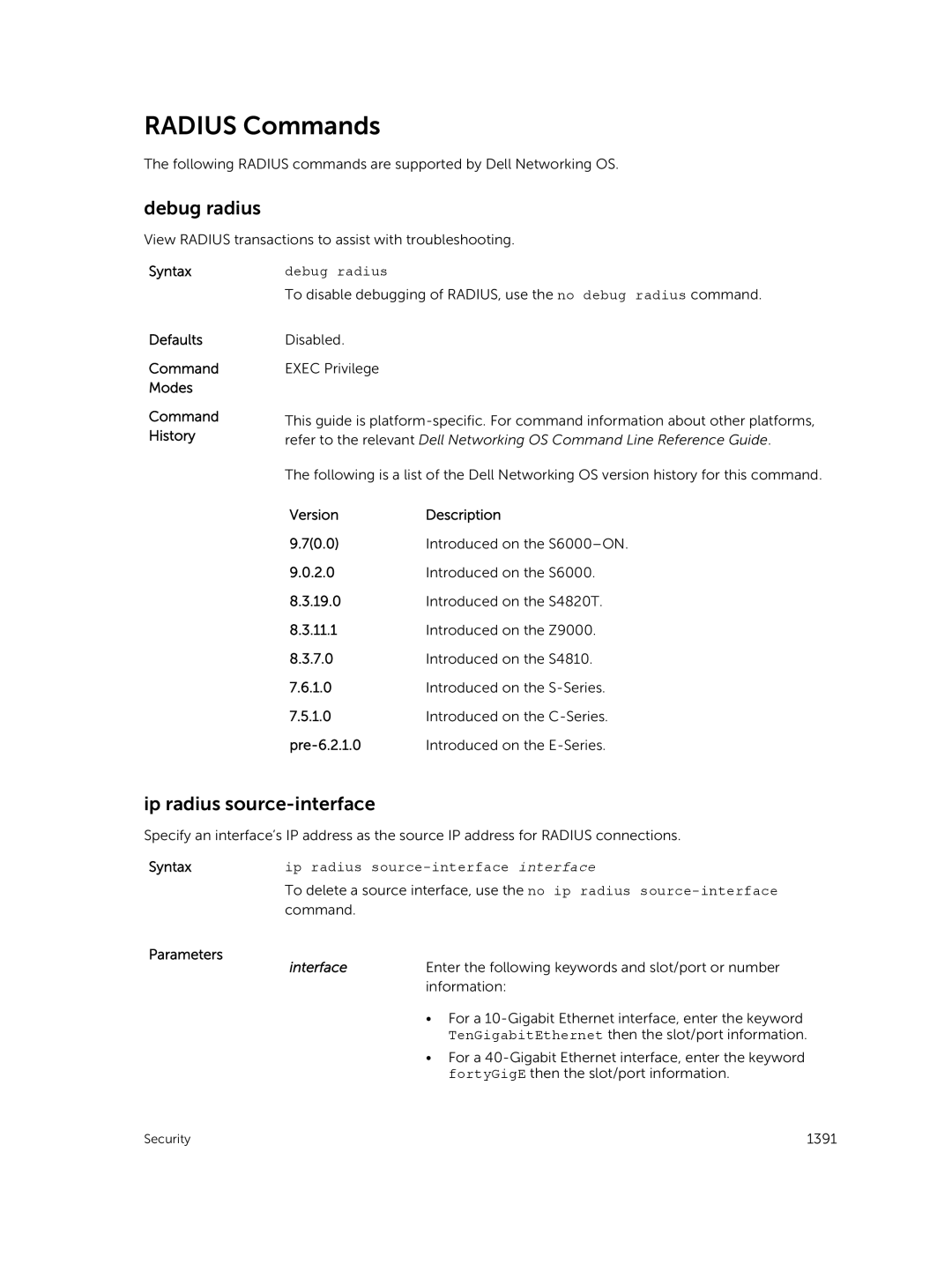 Dell 9.7(0.0) manual Radius Commands, Debug radius, Ip radius source-interface interface 