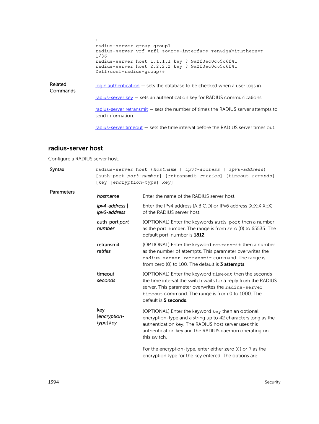 Dell 9.7(0.0) manual Radius-server host, Hostname Ipv4-address ipv6-address, Encryption- type key 