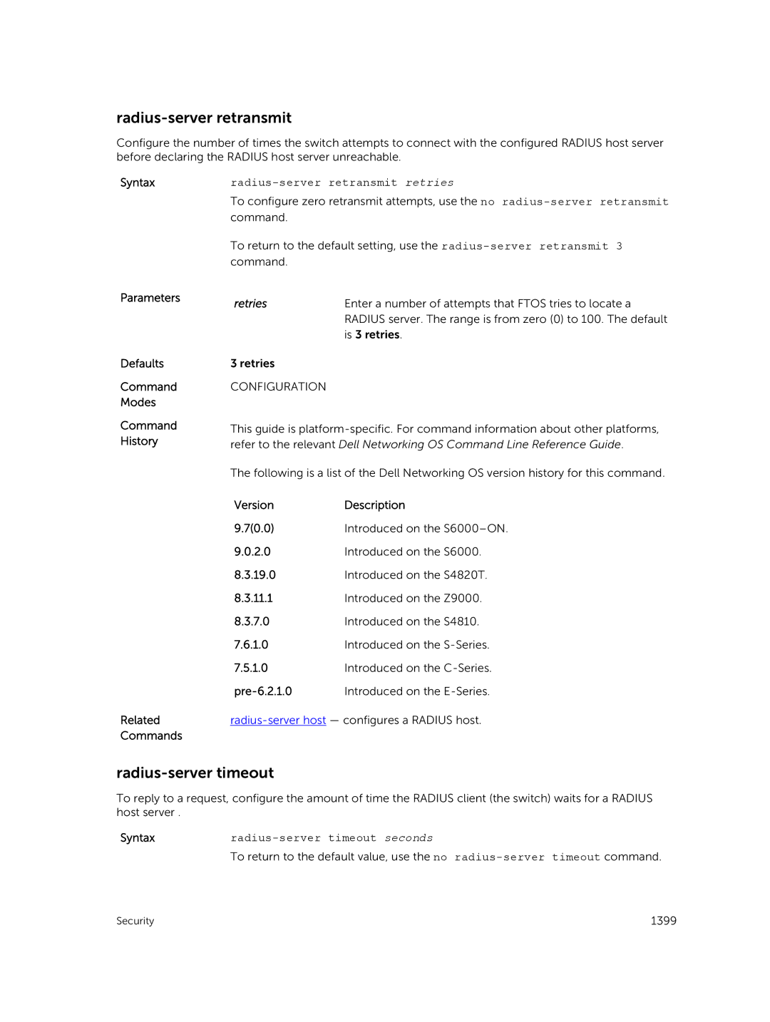 Dell 9.7(0.0) manual Radius-server retransmit retries, Retries, Radius-server timeout seconds 