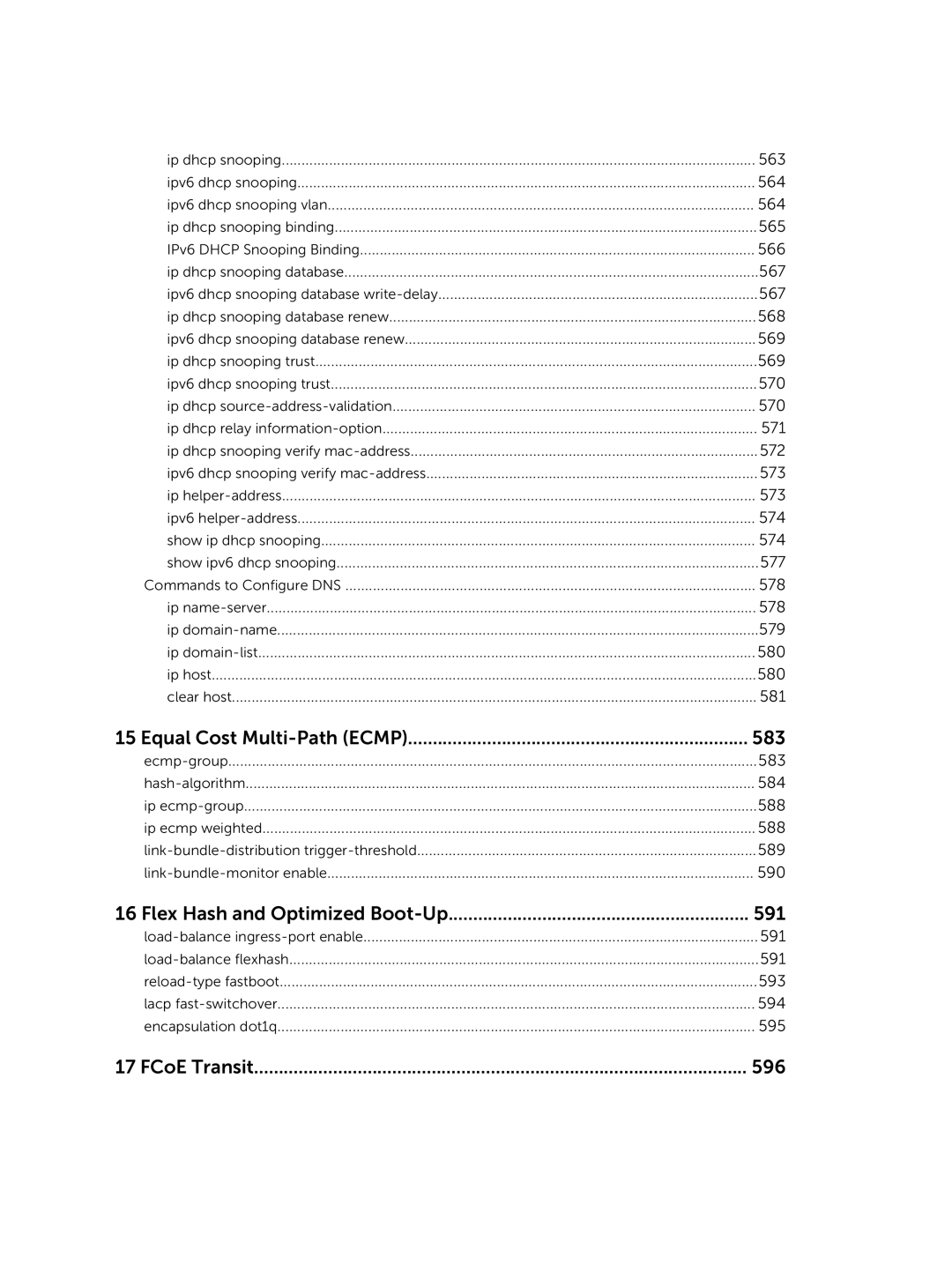 Dell 9.7(0.0) manual Equal Cost Multi-Path Ecmp 583, Flex Hash and Optimized Boot-Up 591, FCoE Transit 596 