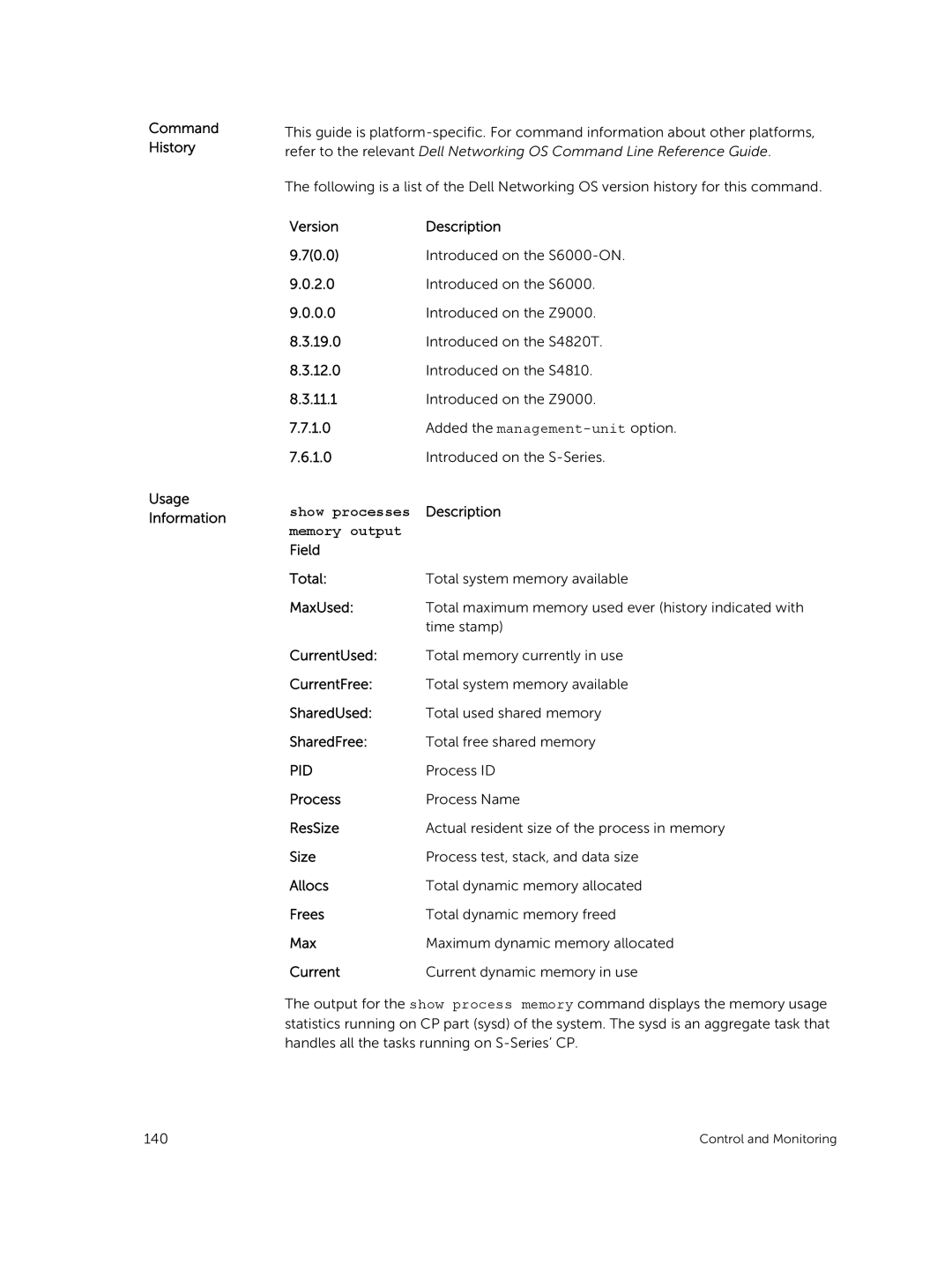 Dell 9.7(0.0) manual Show processes, Memory output, Process ID 