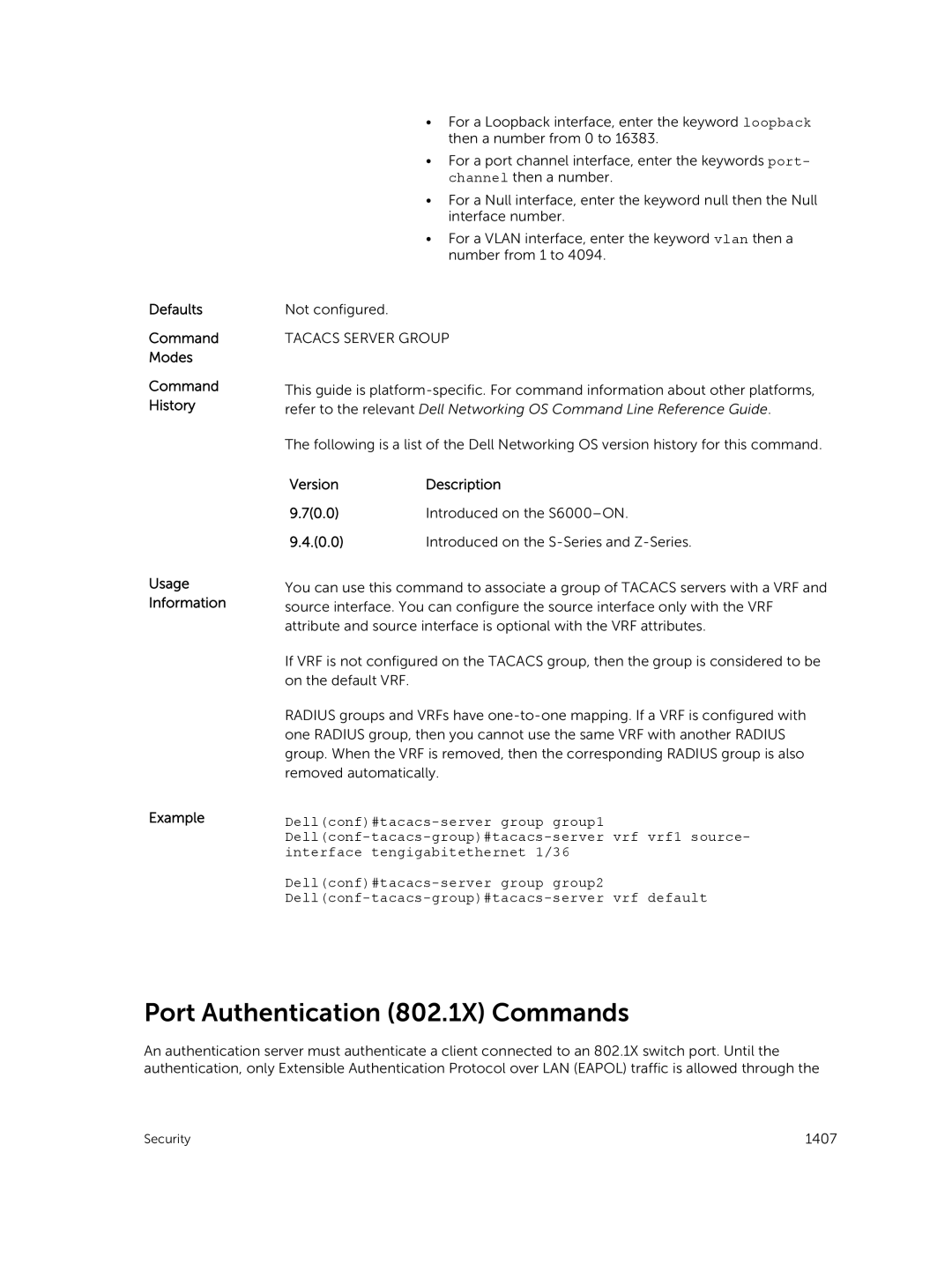 Dell 9.7(0.0) manual Port Authentication 802.1X Commands, Tacacs Server Group 