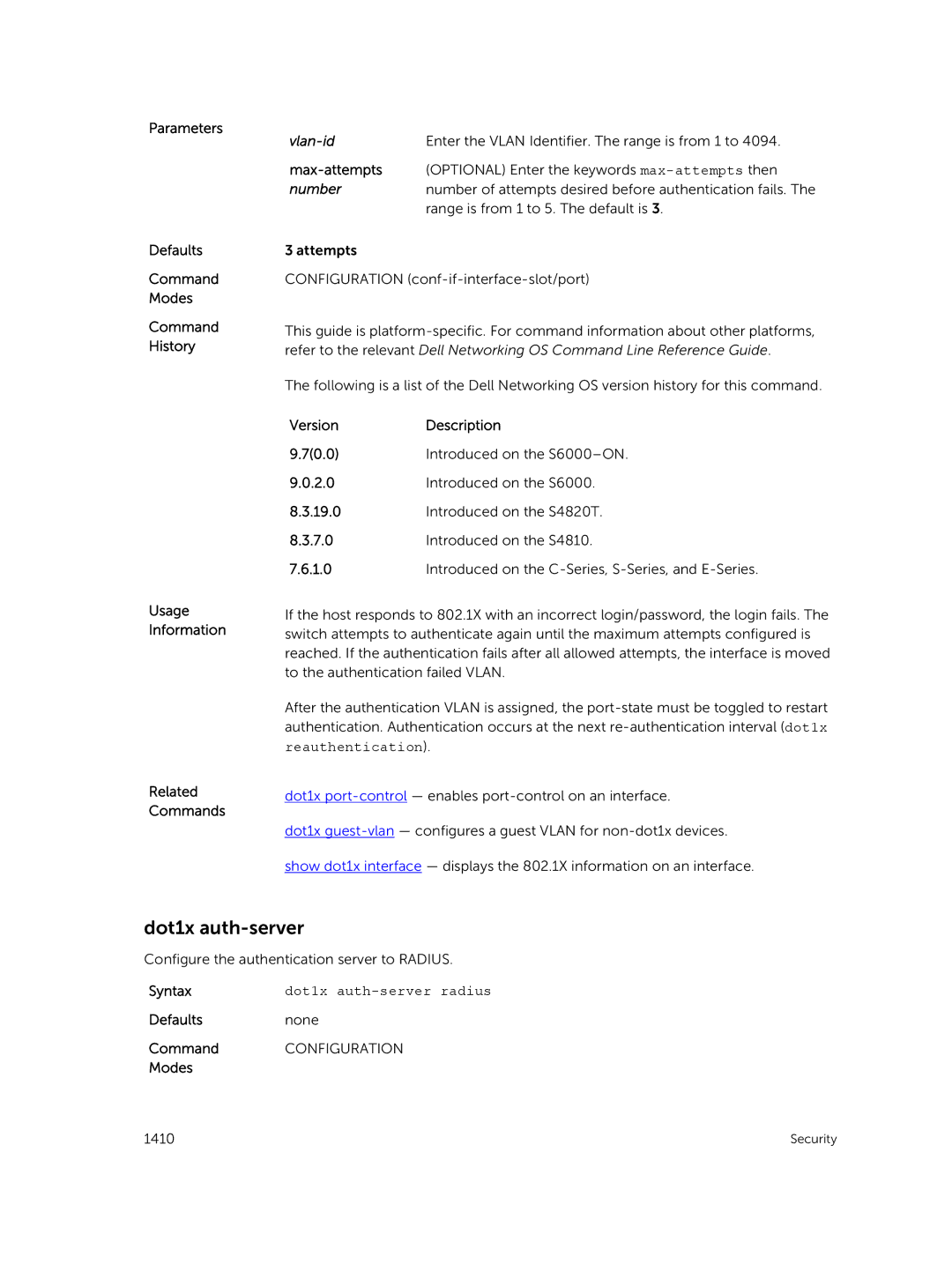 Dell 9.7(0.0) manual Dot1x auth-server, Vlan-id Enter the Vlan Identifier. The range is from 1 to 