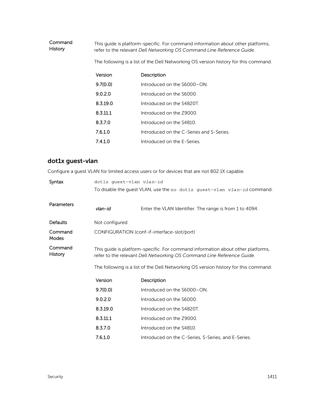 Dell 9.7(0.0) manual Dot1x guest-vlan, Syntax Parameters Defaults Command Modes Command History 