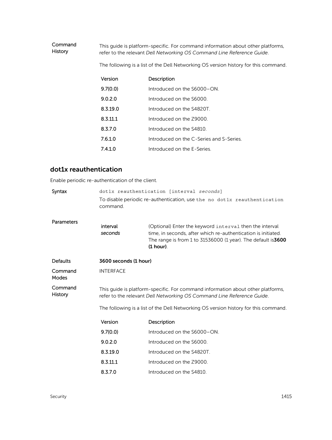 Dell 9.7(0.0) manual Dot1x reauthentication interval seconds 