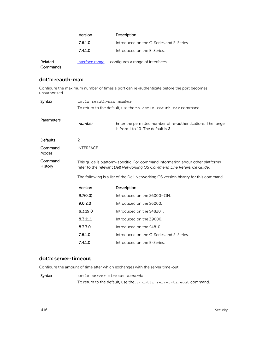 Dell 9.7(0.0) manual Dot1x reauth-max, Dot1x server-timeout 