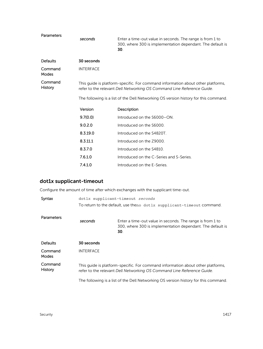 Dell 9.7(0.0) manual Dot1x supplicant-timeout, Parameters Defaults Command Modes Command History 