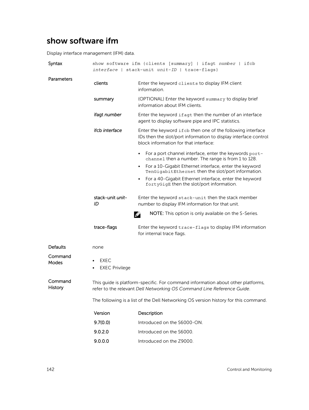 Dell 9.7(0.0) Show software ifm, Clients, Ifagt number, Ifcb interface, Defaults Command Modes Command History Trace-flags 