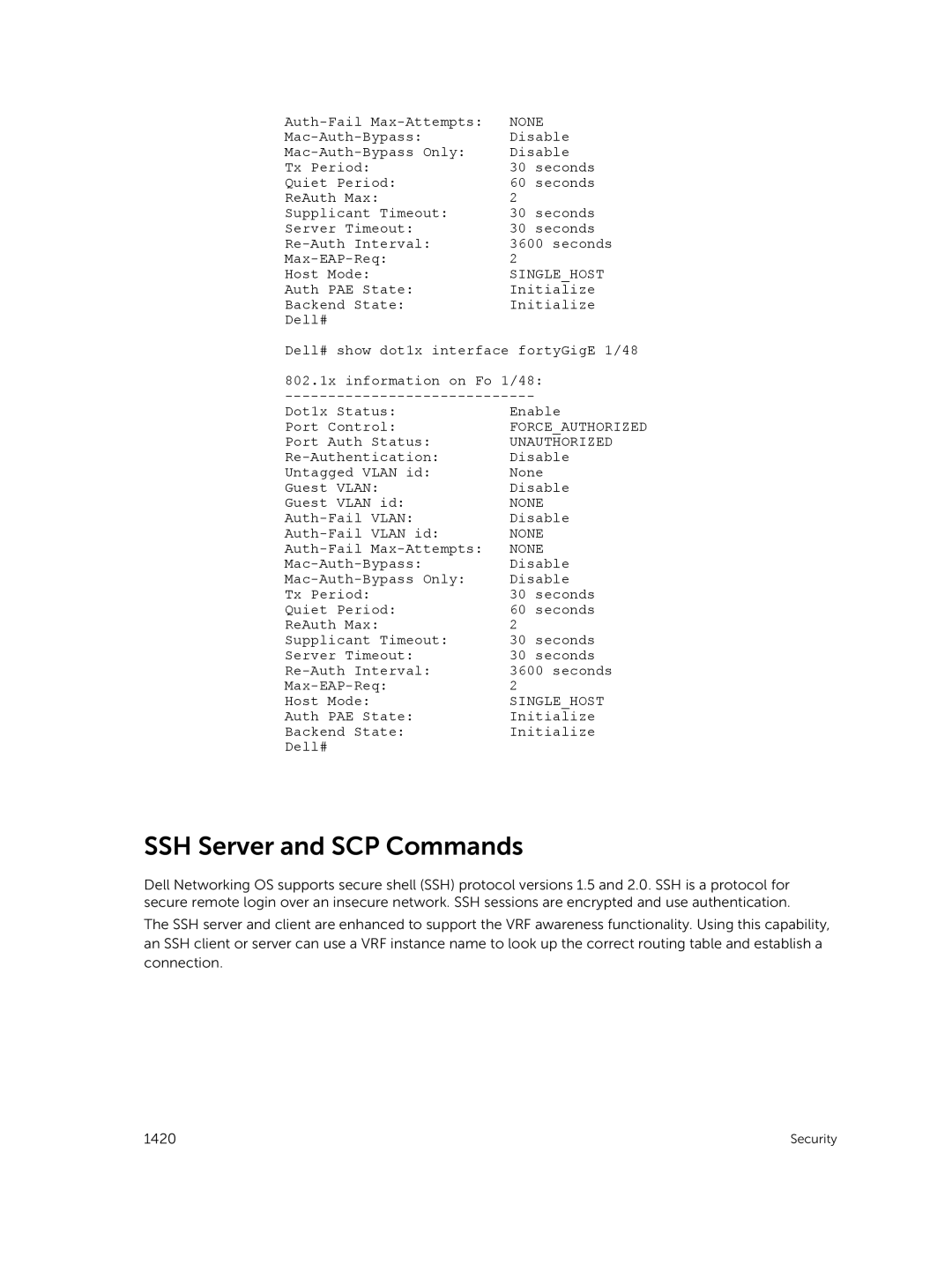 Dell 9.7(0.0) manual SSH Server and SCP Commands, Forceauthorized, Auth PAE State Initialize Backend State Dell# 