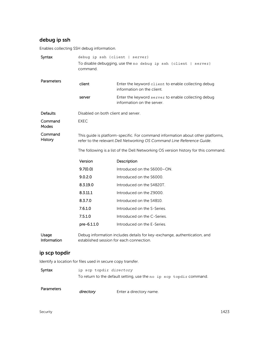 Dell 9.7(0.0) manual Debug ip ssh client server, Ip scp topdir directory 