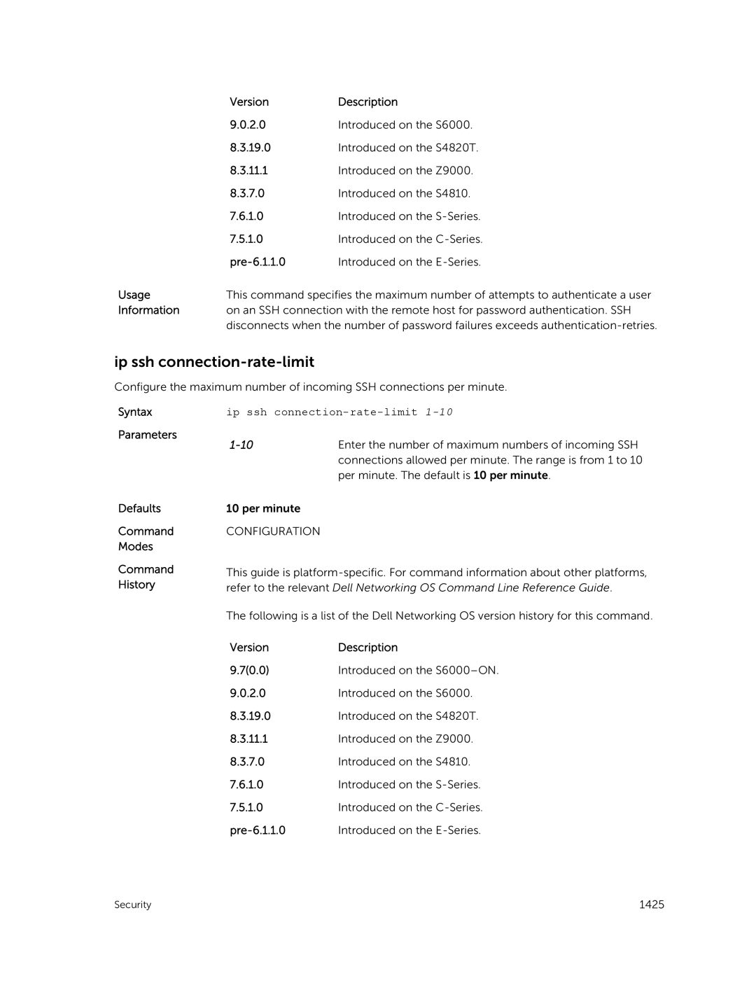 Dell 9.7(0.0) manual Ip ssh connection-rate-limit 