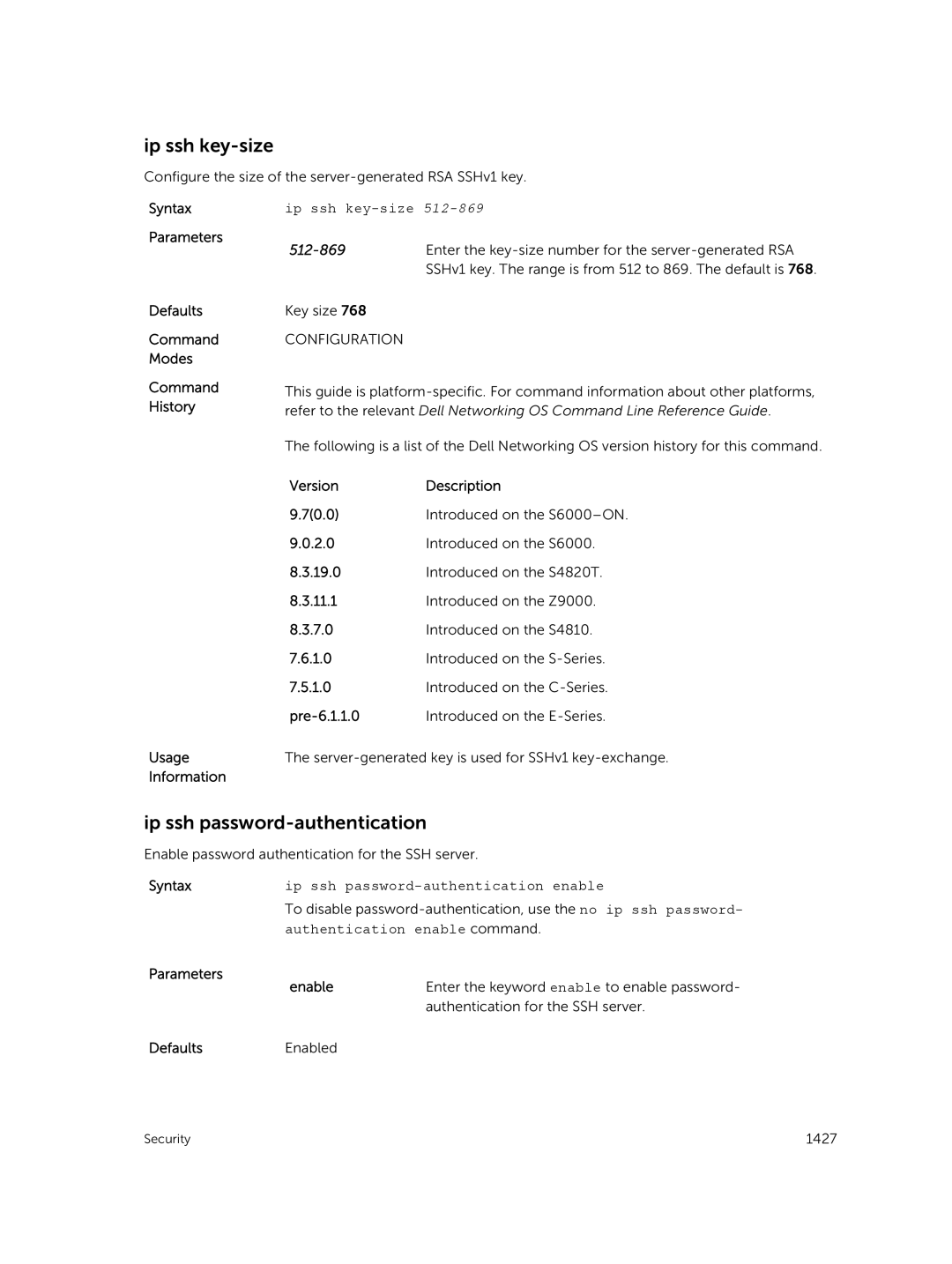 Dell 9.7(0.0) manual Ip ssh key-size, Ip ssh password-authentication, 512-869, Parameters Enable 