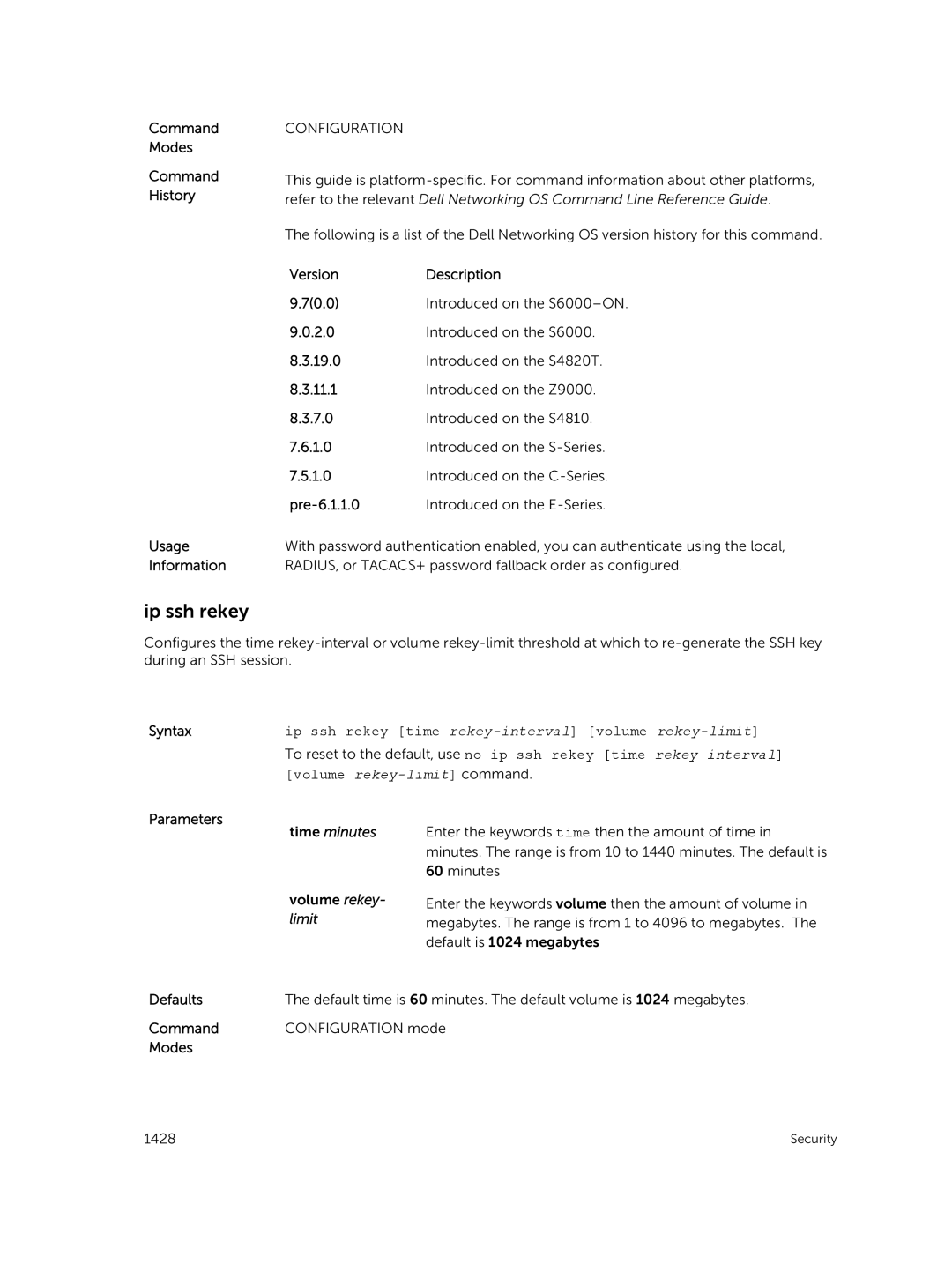 Dell 9.7(0.0) manual Ip ssh rekey time rekey-interval volume rekey-limit, Time minutes 