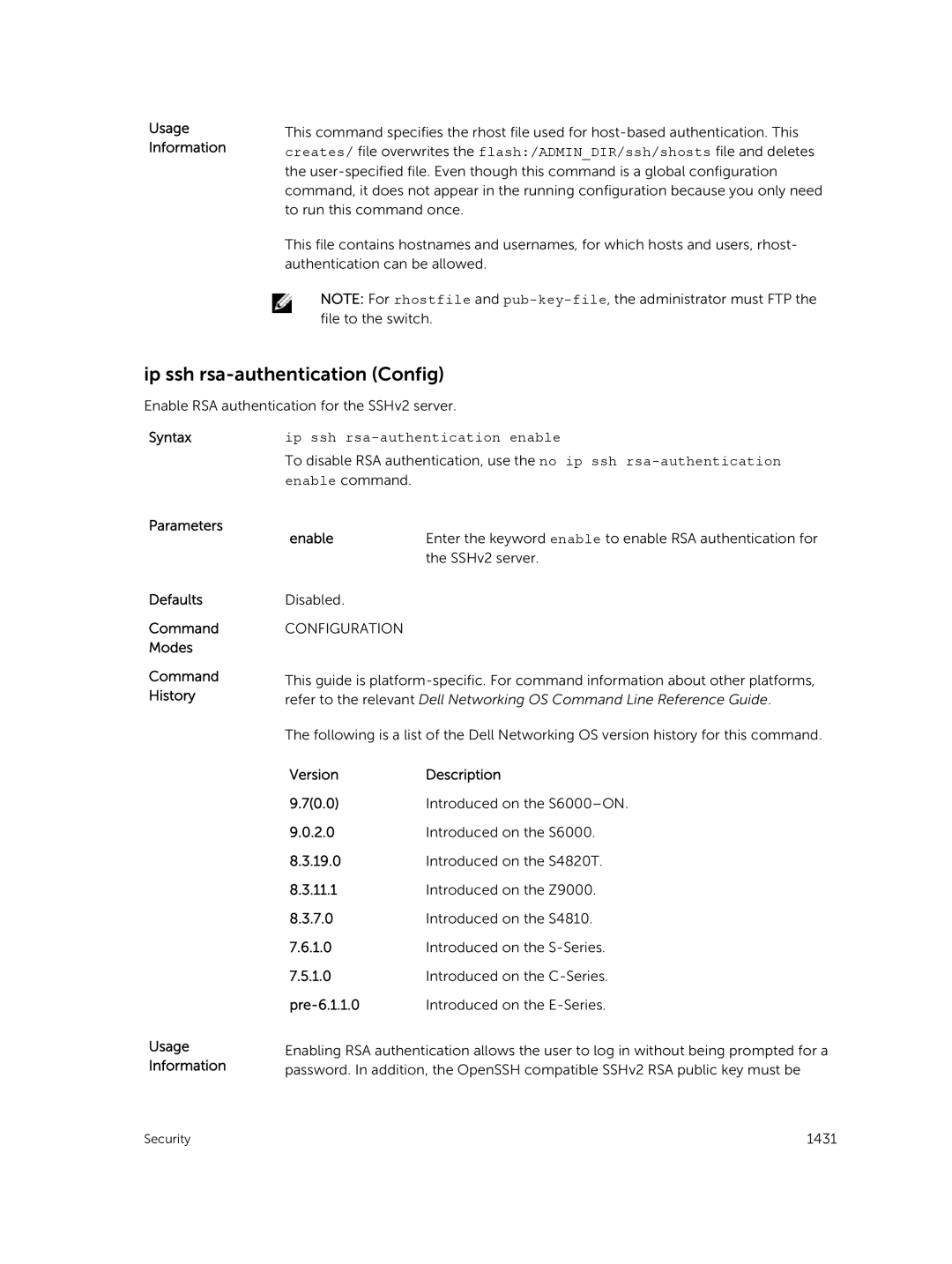 Dell 9.7(0.0) manual Ip ssh rsa-authentication Config, Ip ssh rsa-authentication enable 