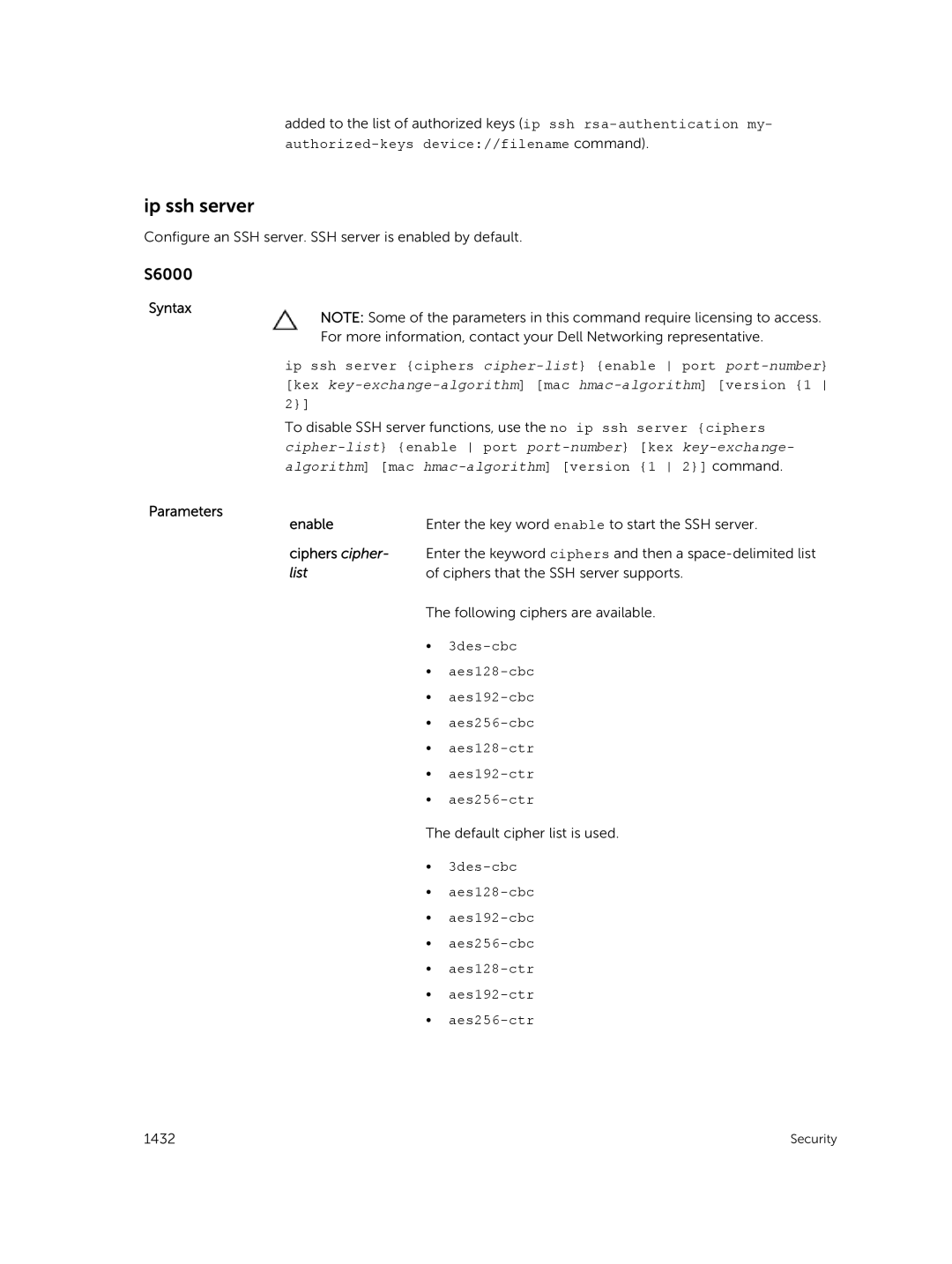 Dell 9.7(0.0) manual Ip ssh server, Ciphers cipher, List 