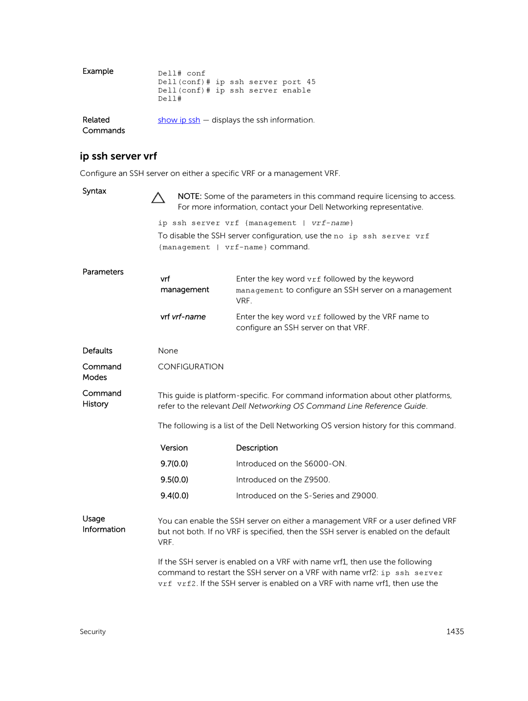 Dell 9.7(0.0) manual Ip ssh server vrf, Dell# conf, Dellconf# ip ssh server port, Dellconf# ip ssh server enable 