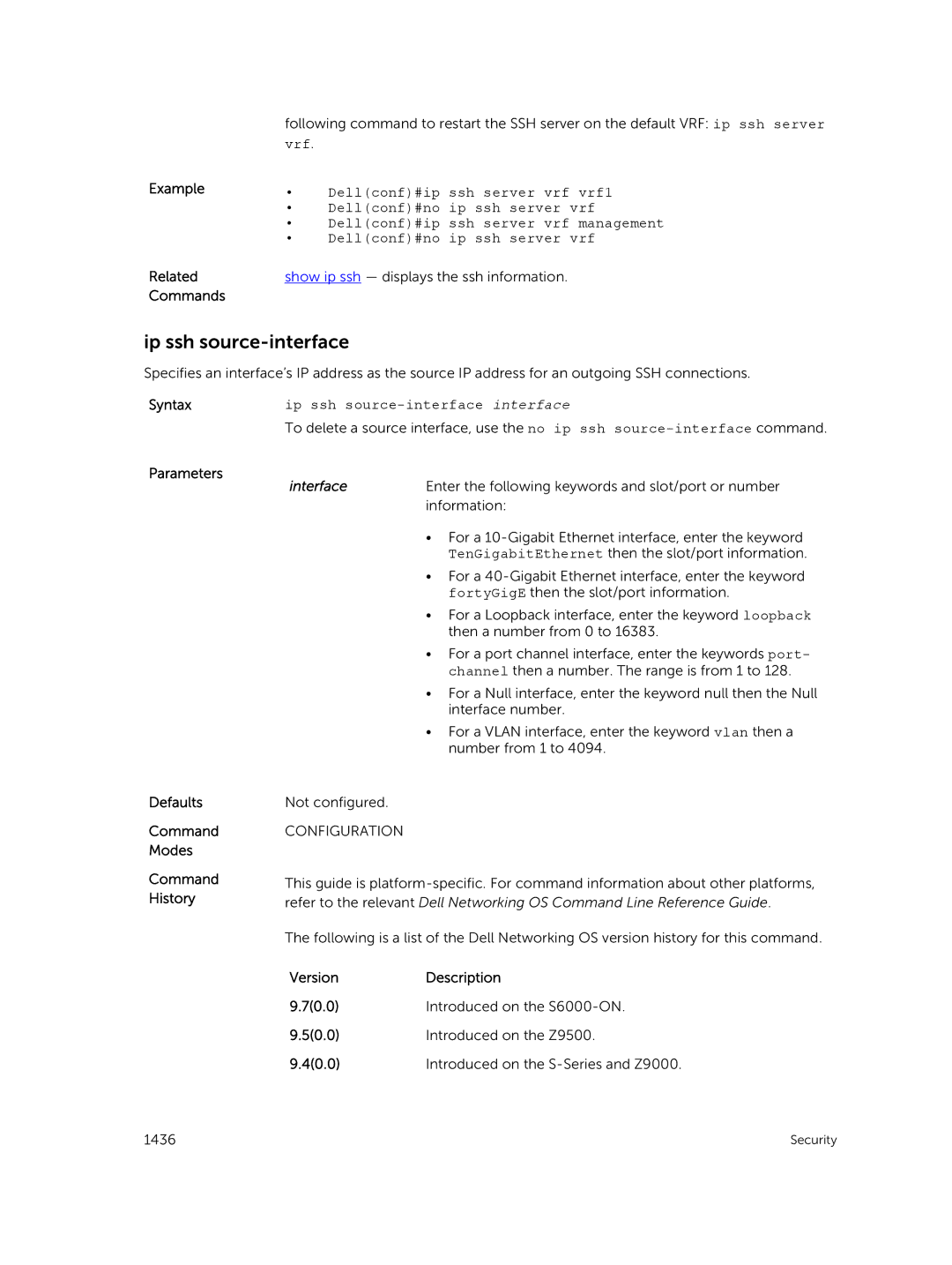 Dell 9.7(0.0) manual Ip ssh source-interface, Dellconf#ip ssh server vrf vrf1, Dellconf#no ip ssh server vrf 