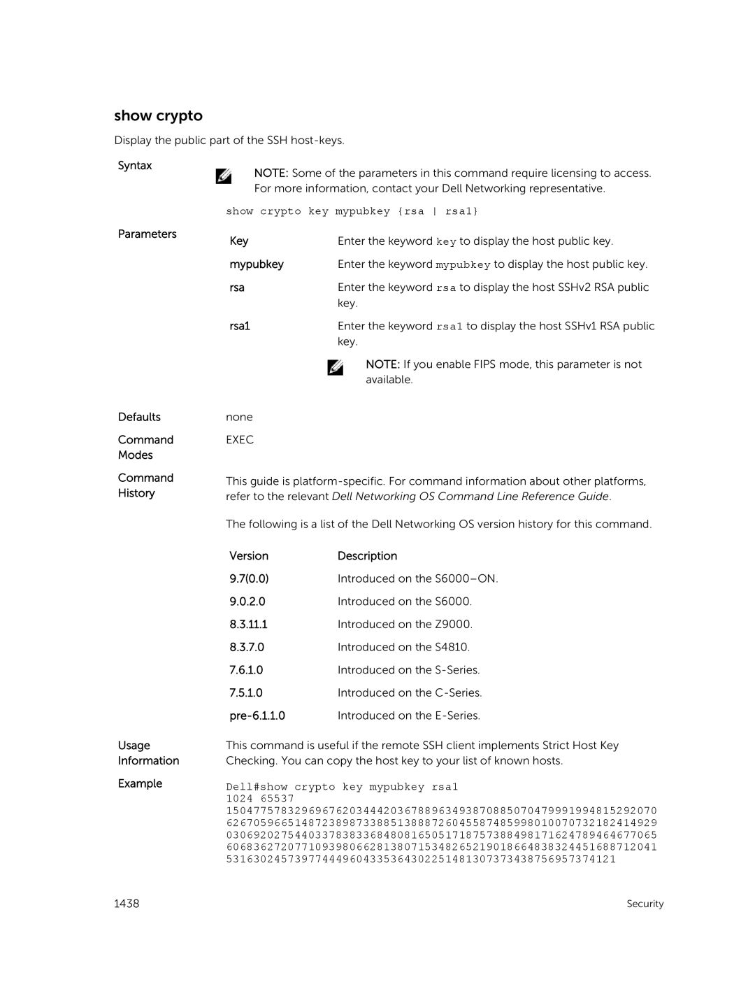 Dell 9.7(0.0) manual Show crypto key mypubkey rsa rsa1, Mypubkey 