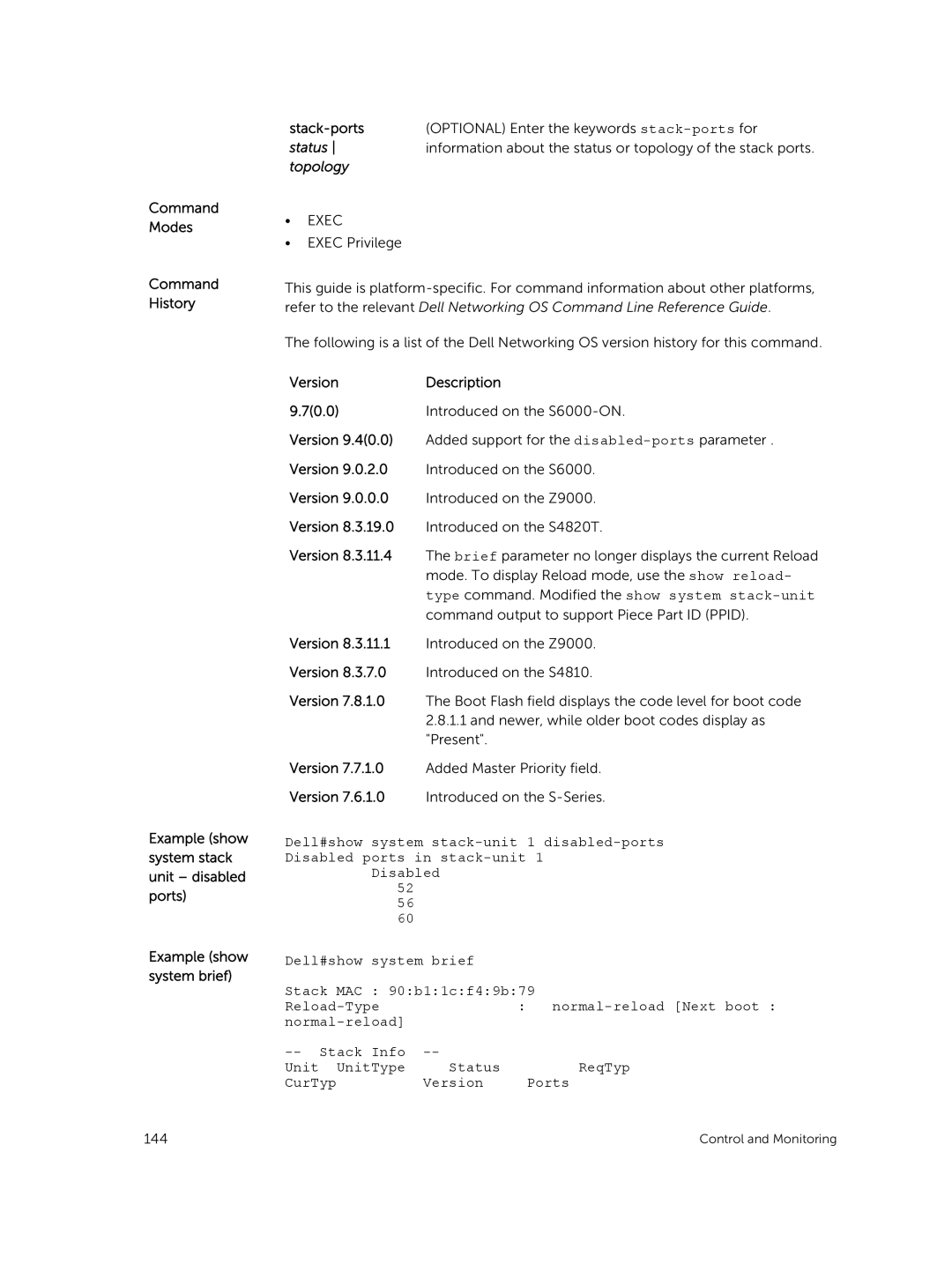 Dell 9.7(0.0) manual Stack-ports Optional Enter the keywords stack-ports for, Status, Topology 