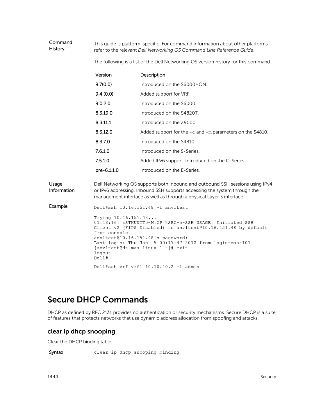 Dell 9.7(0.0) manual Secure Dhcp Commands, Clear ip dhcp snooping binding 