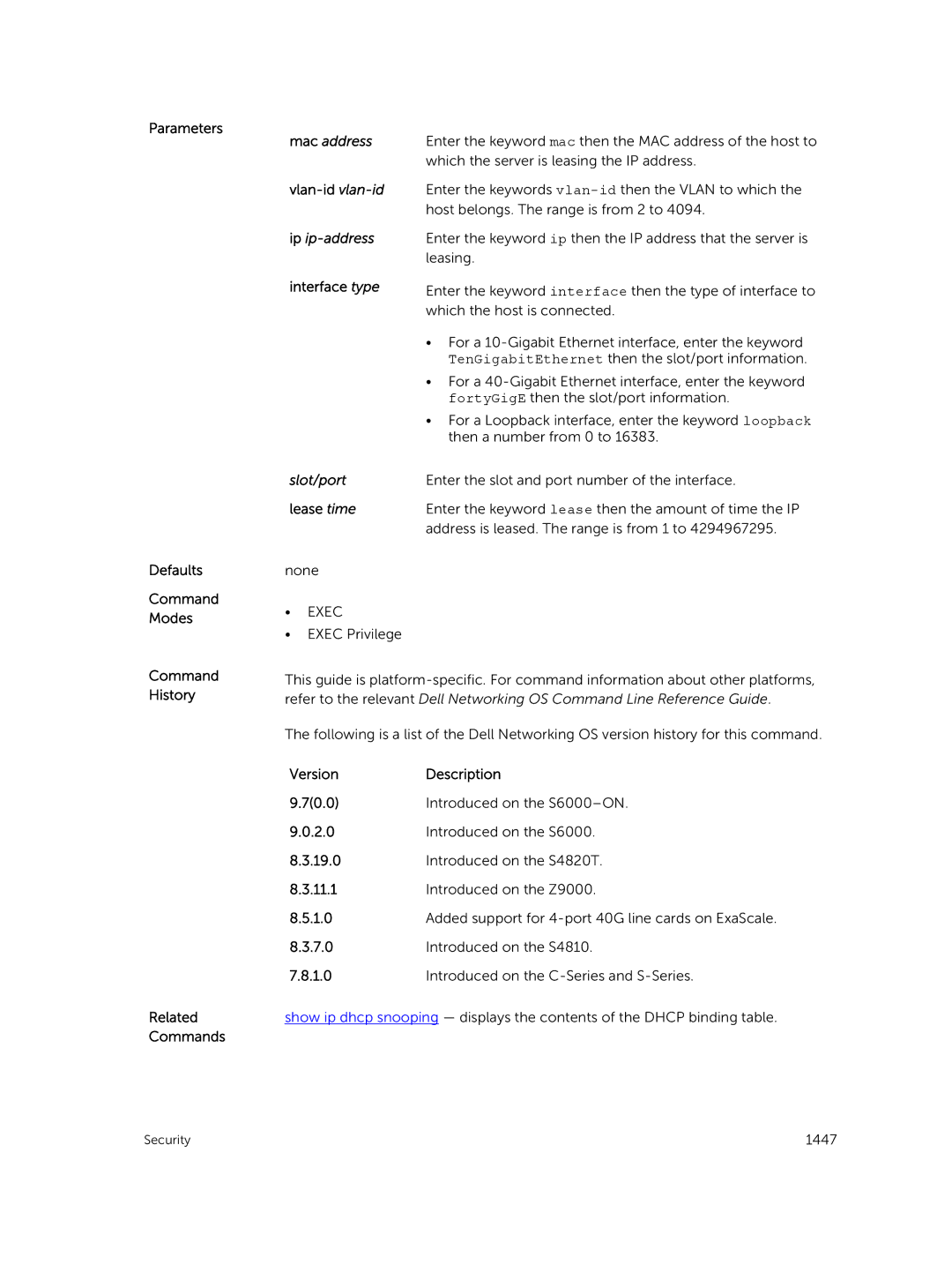 Dell 9.7(0.0) manual Defaults Command Modes Interface type, Slot/port lease time 