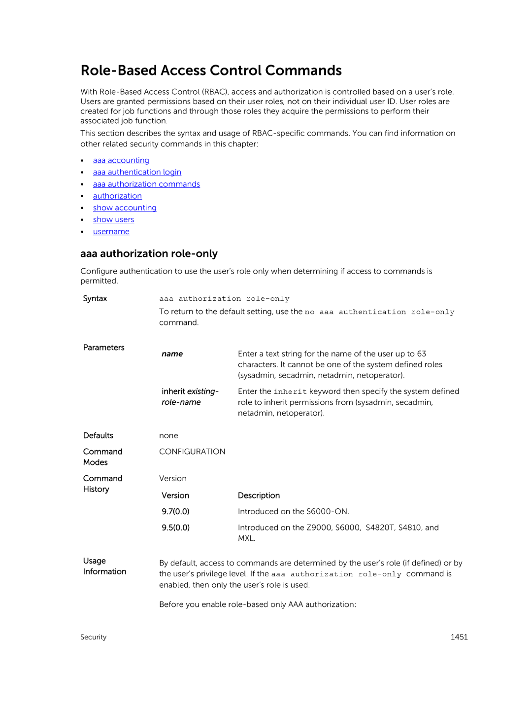 Dell 9.7(0.0) Role-Based Access Control Commands, Aaa authorization role-only, Inherit existing, Version Description 70.0 